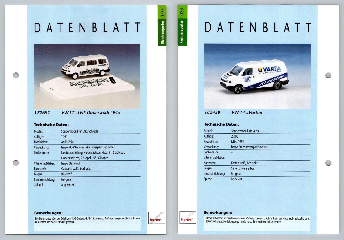 VW LT / VW T4 Varta #37/38 Kleintransporter - Herpa Data Sheet-Breakoutcards