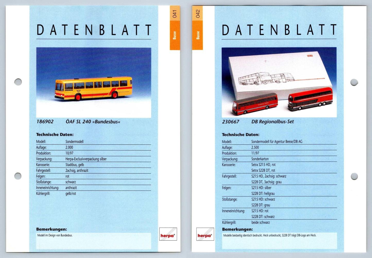OAF SL 240 / DB Regionalbus Set #41/42 Busse - Herpa Data Sheet-Breakoutcards