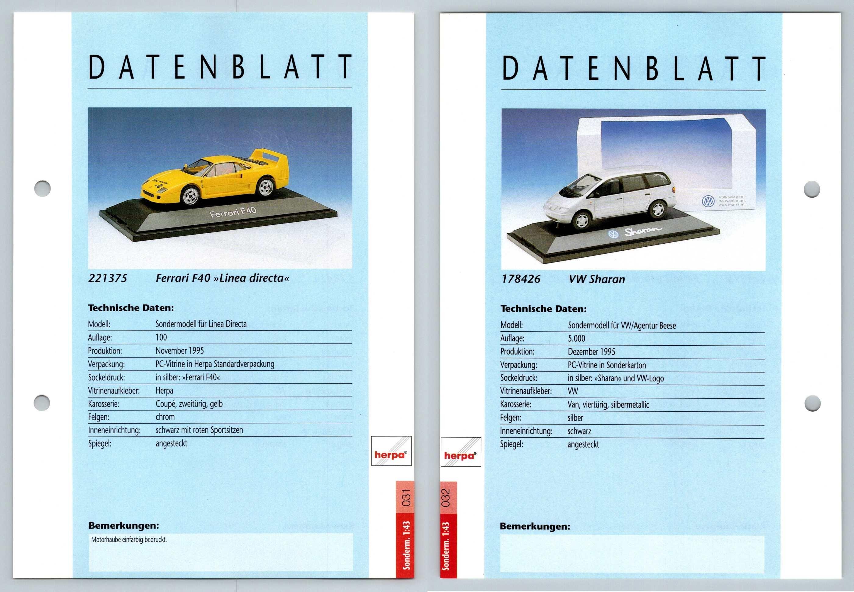 Ferrari F40 / VW Sharan #31/32 Sonderm. 1:43 - Herpa Data Sheet-Breakoutcards