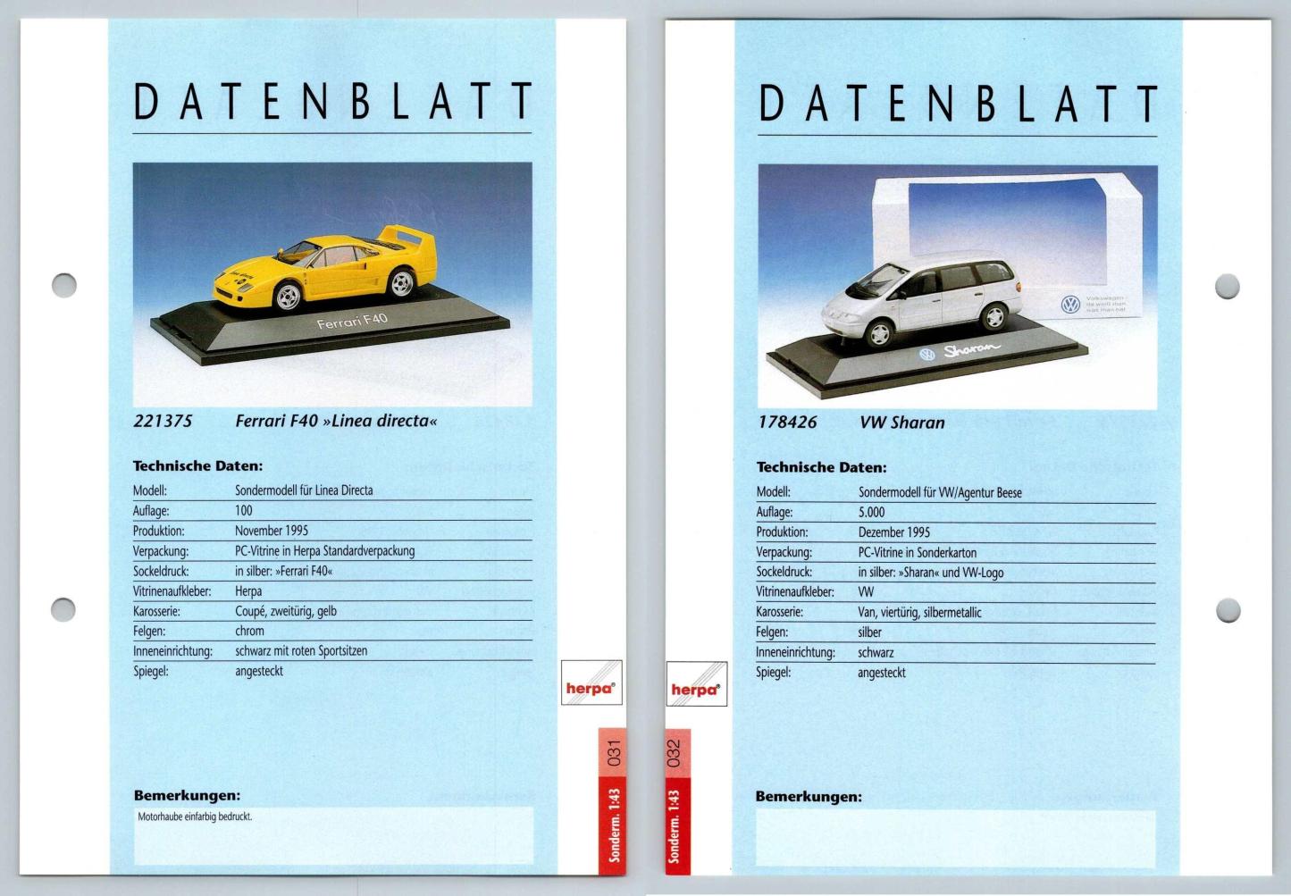 Ferrari F40 / VW Sharan #31/32 Sonderm. 1:43 - Herpa Data Sheet-Breakoutcards