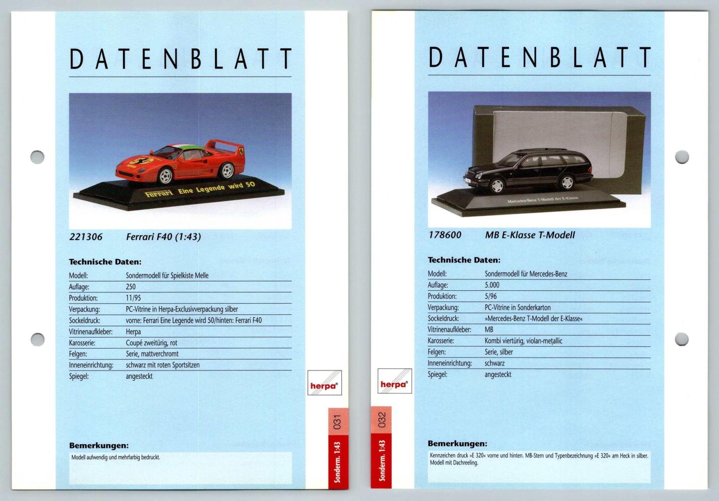 Ferrari F40 / MB E-Klasse #31/32 Sonderm. 1:43 - Herpa Data Sheet-Breakoutcards