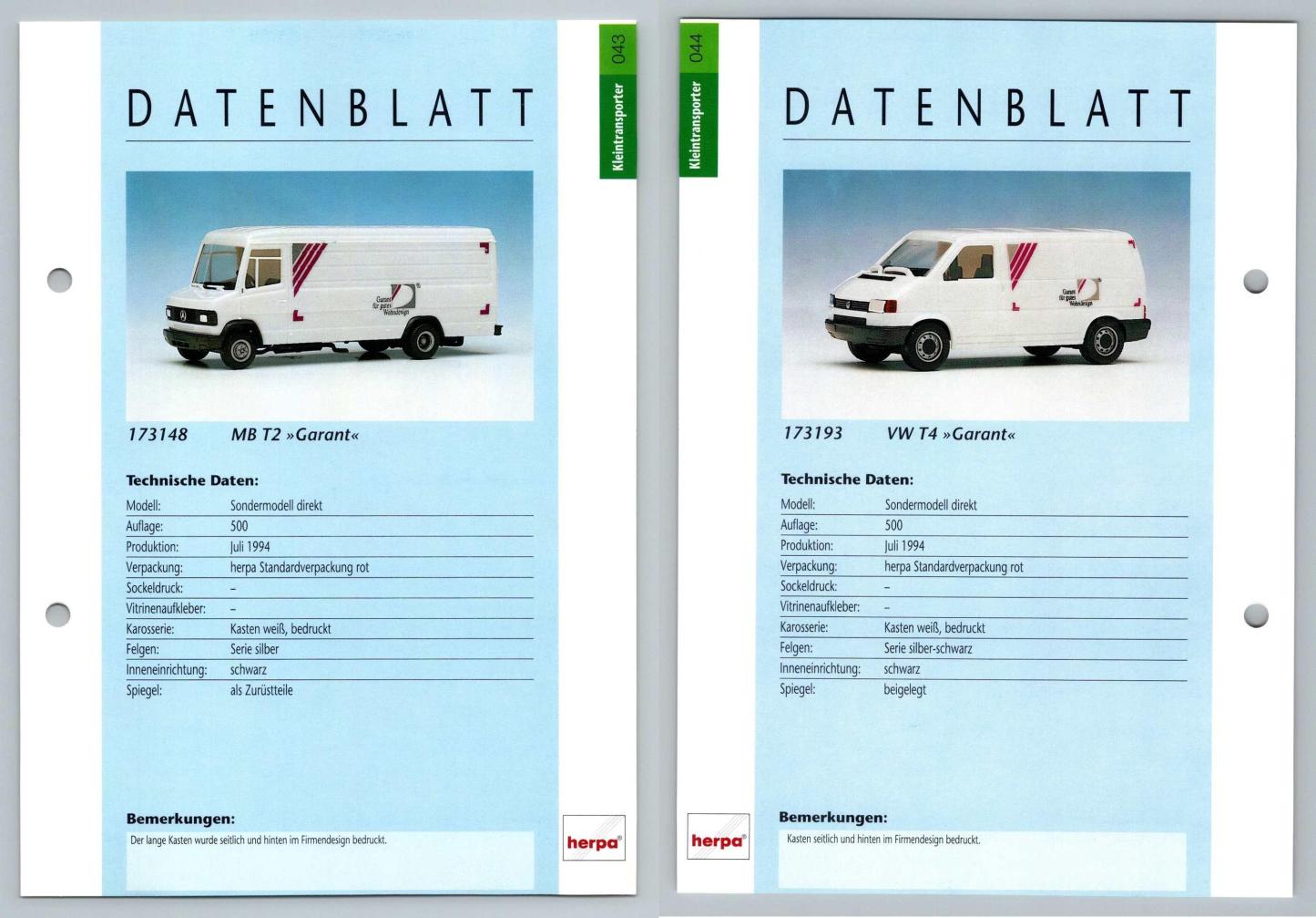 MB T2 Garant #43/44 Kleintransporter - Herpa Data Sheet-Breakoutcards