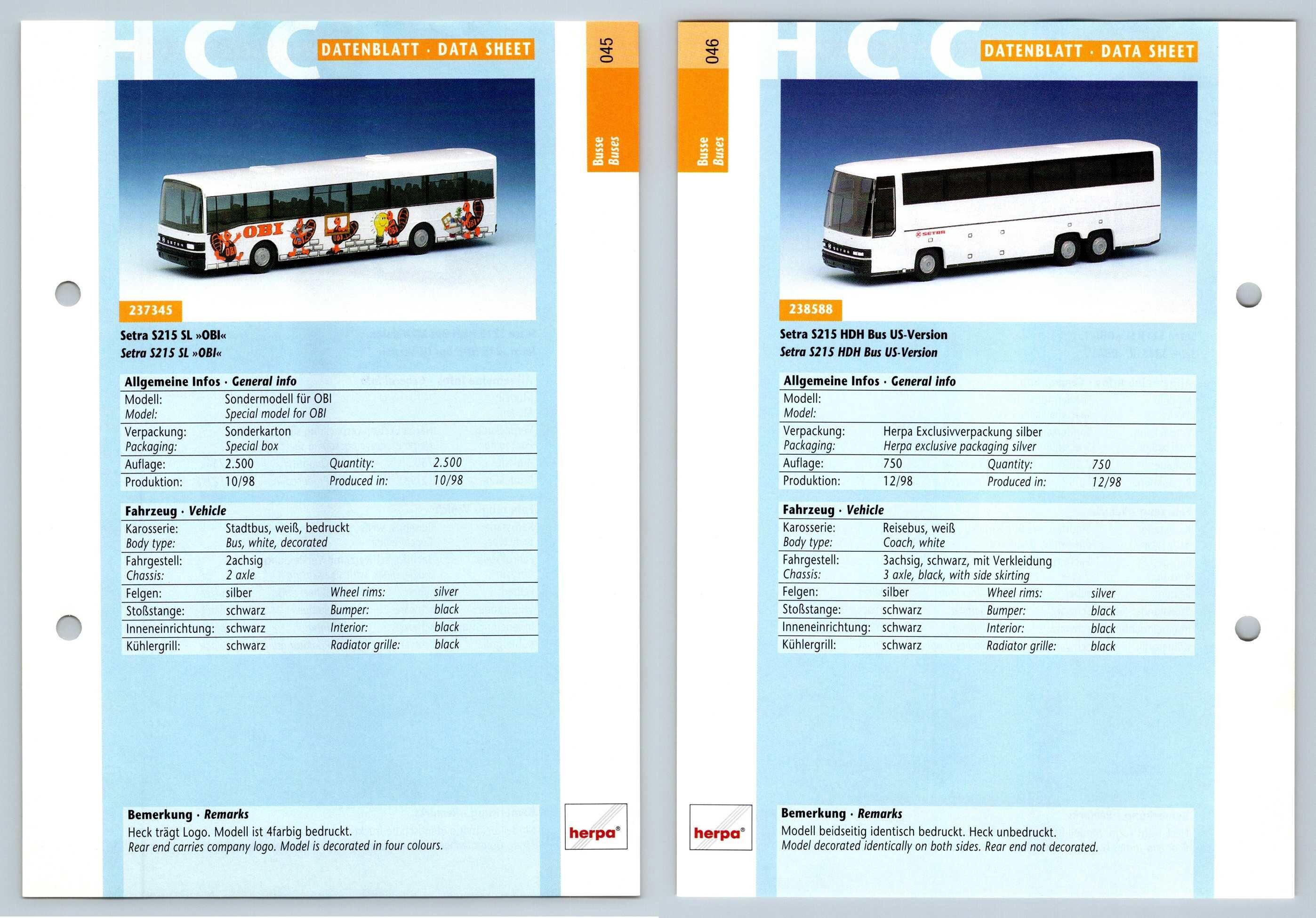 Setra S215 SL / Setra S215 HDH Bus US #45/46 Busse - Herpa Data Sheet-Breakoutcards
