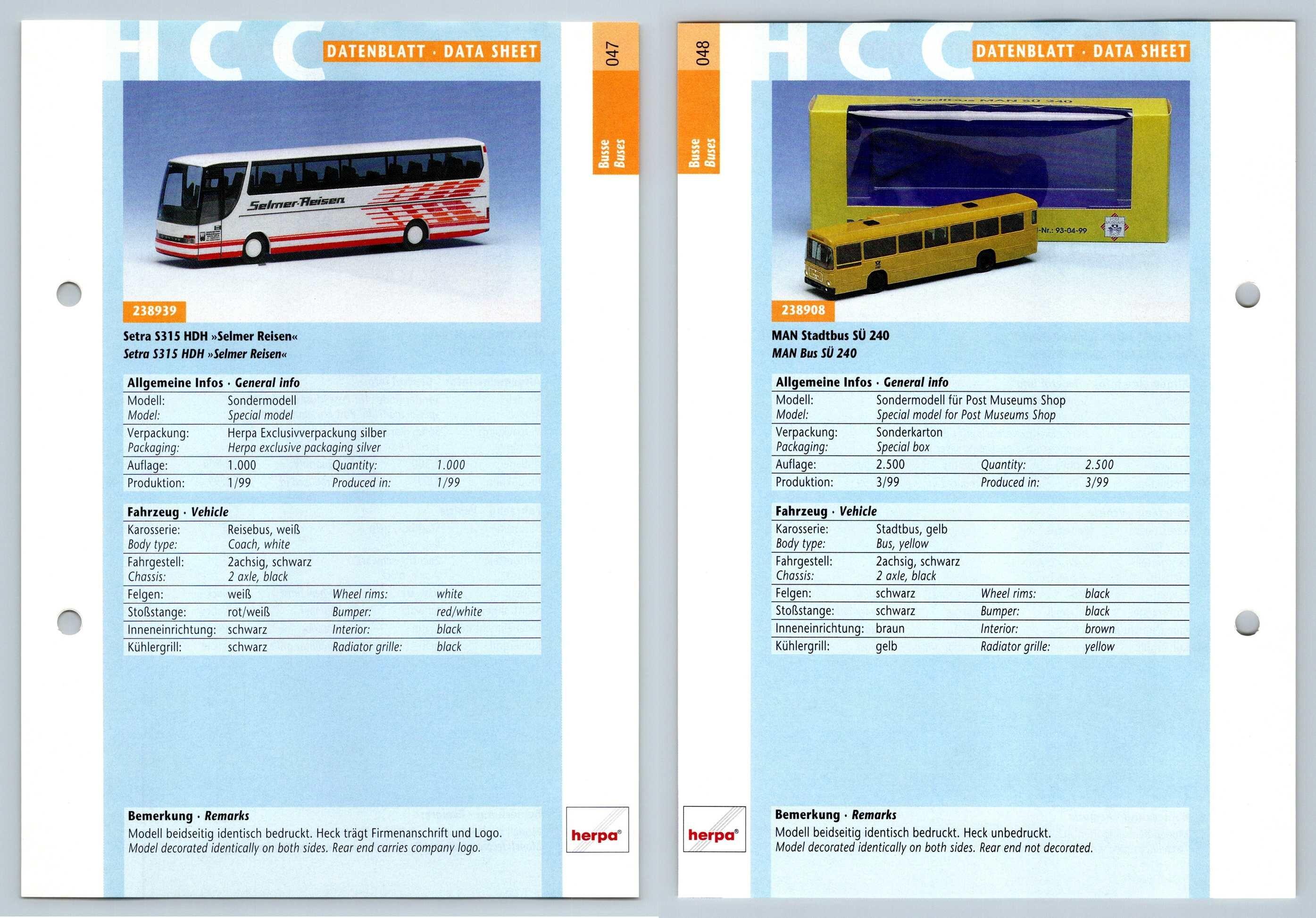 Setra S315 HDH / MAN Stadtbus SU 240 #47/48 Busse - Herpa Data Sheet-Breakoutcards