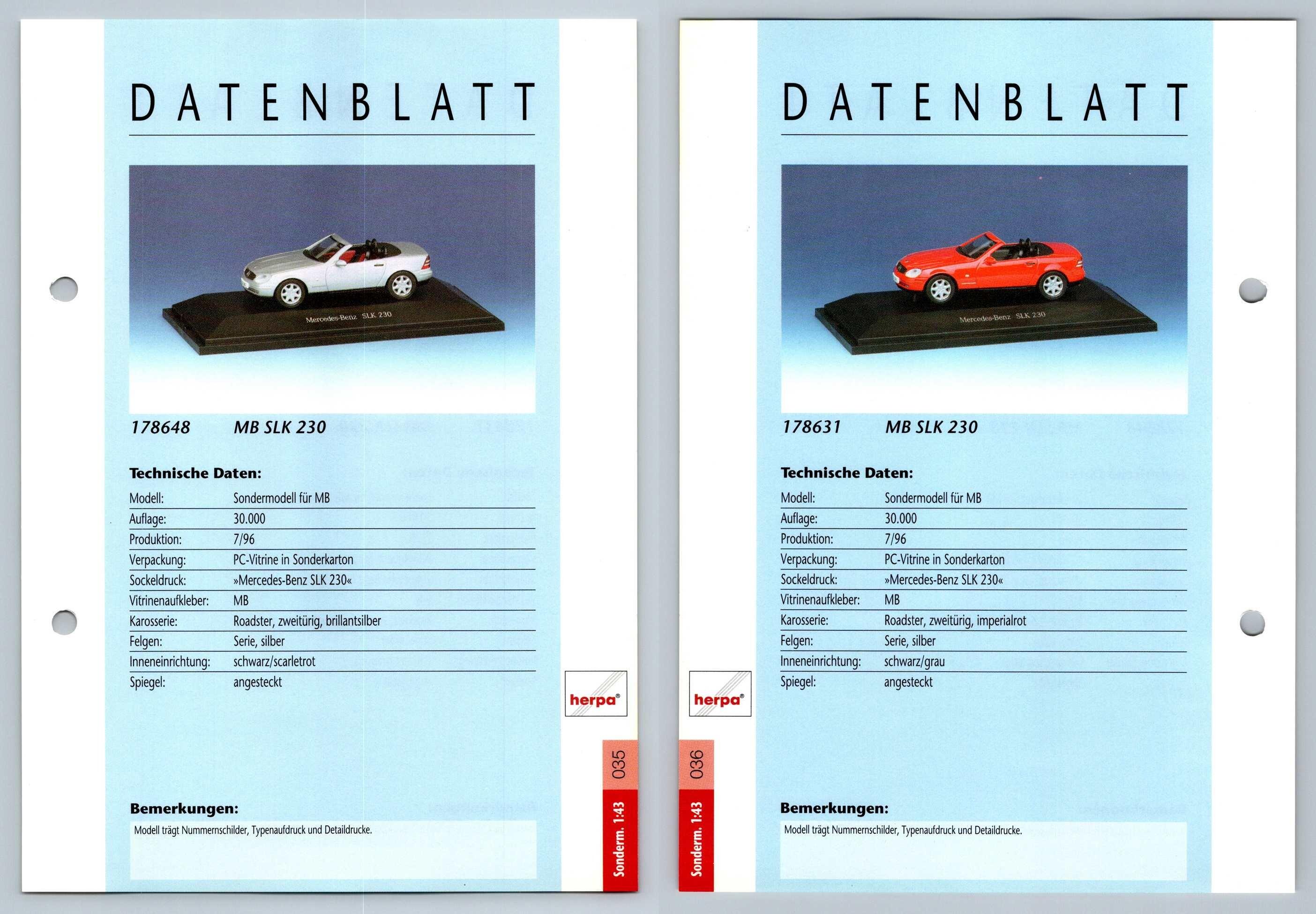 MB SLK 230 / MB SLK 230 #35/36 Sonderm. 1:43 - Herpa Data Sheet-Breakoutcards
