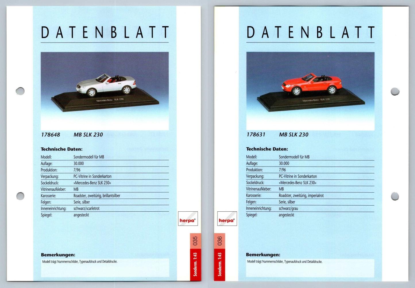MB SLK 230 / MB SLK 230 #35/36 Sonderm. 1:43 - Herpa Data Sheet-Breakoutcards