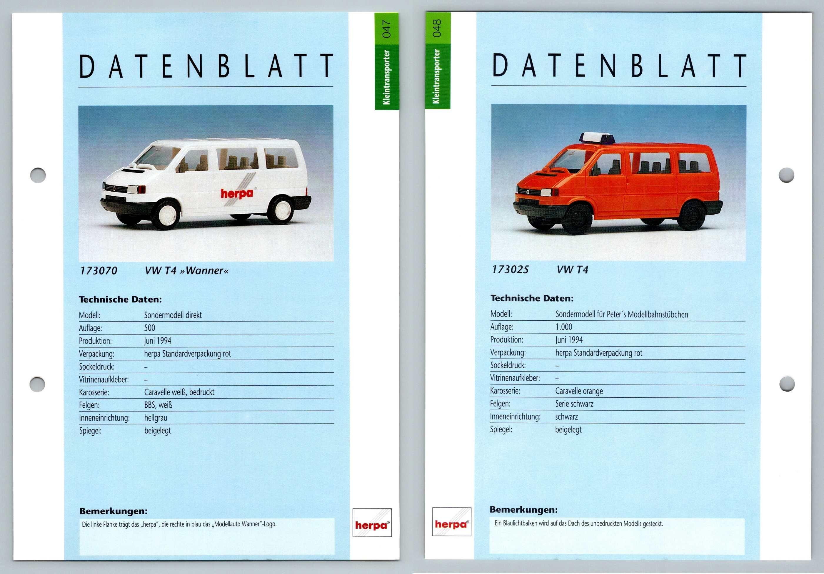 VW T4 Wanner / VW T4 #47/48 Kleintransporter - Herpa Data Sheet-Breakoutcards