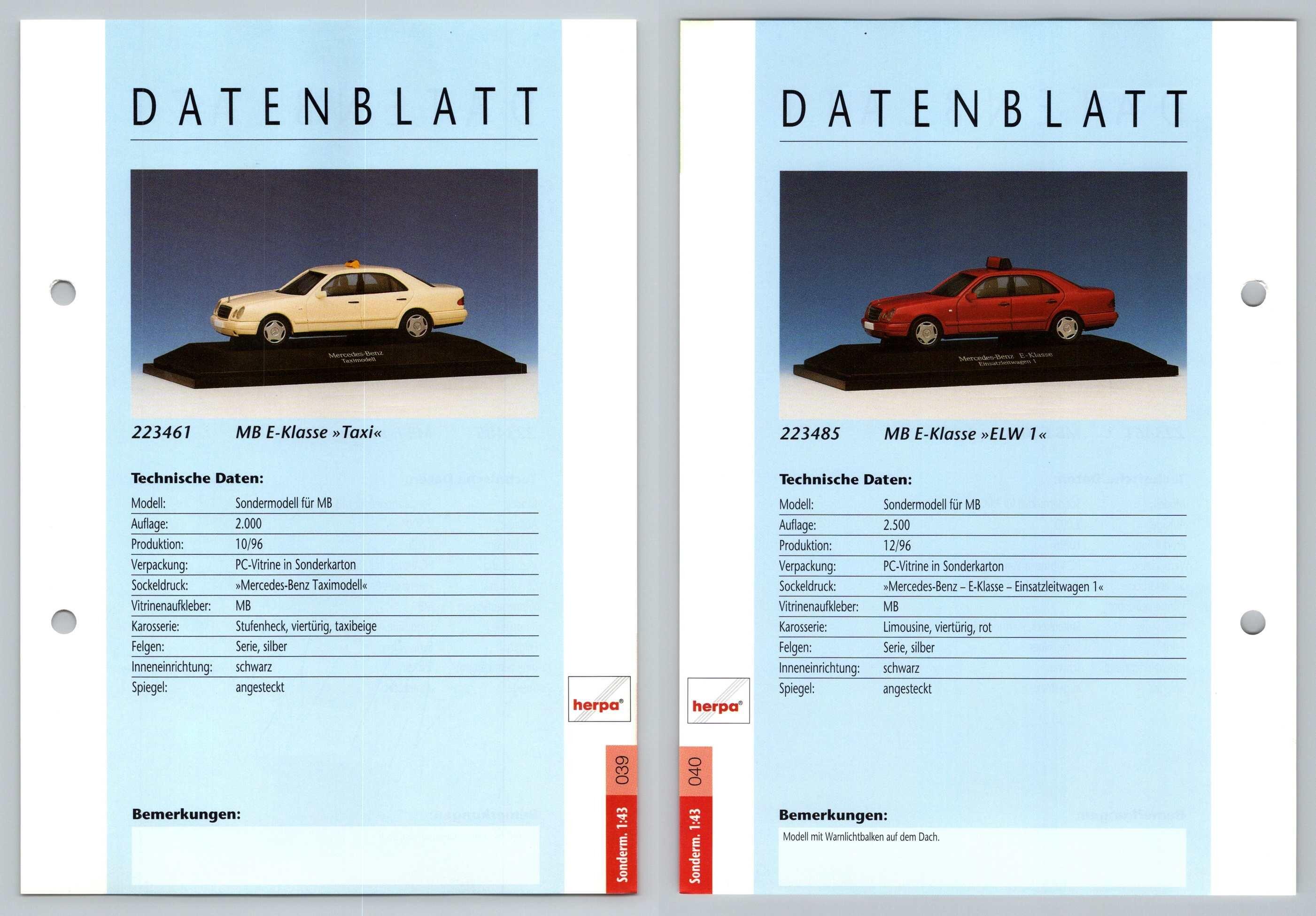 MB E-Klasse / ELW 1 #39/40 Sonderm. 1:43 - Herpa Data Sheet-Breakoutcards