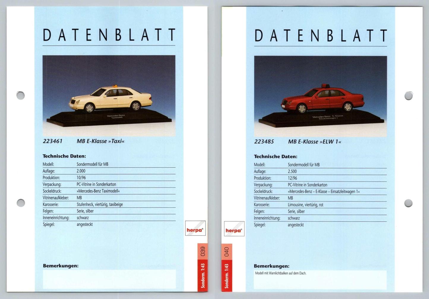 MB E-Klasse / ELW 1 #39/40 Sonderm. 1:43 - Herpa Data Sheet-Breakoutcards
