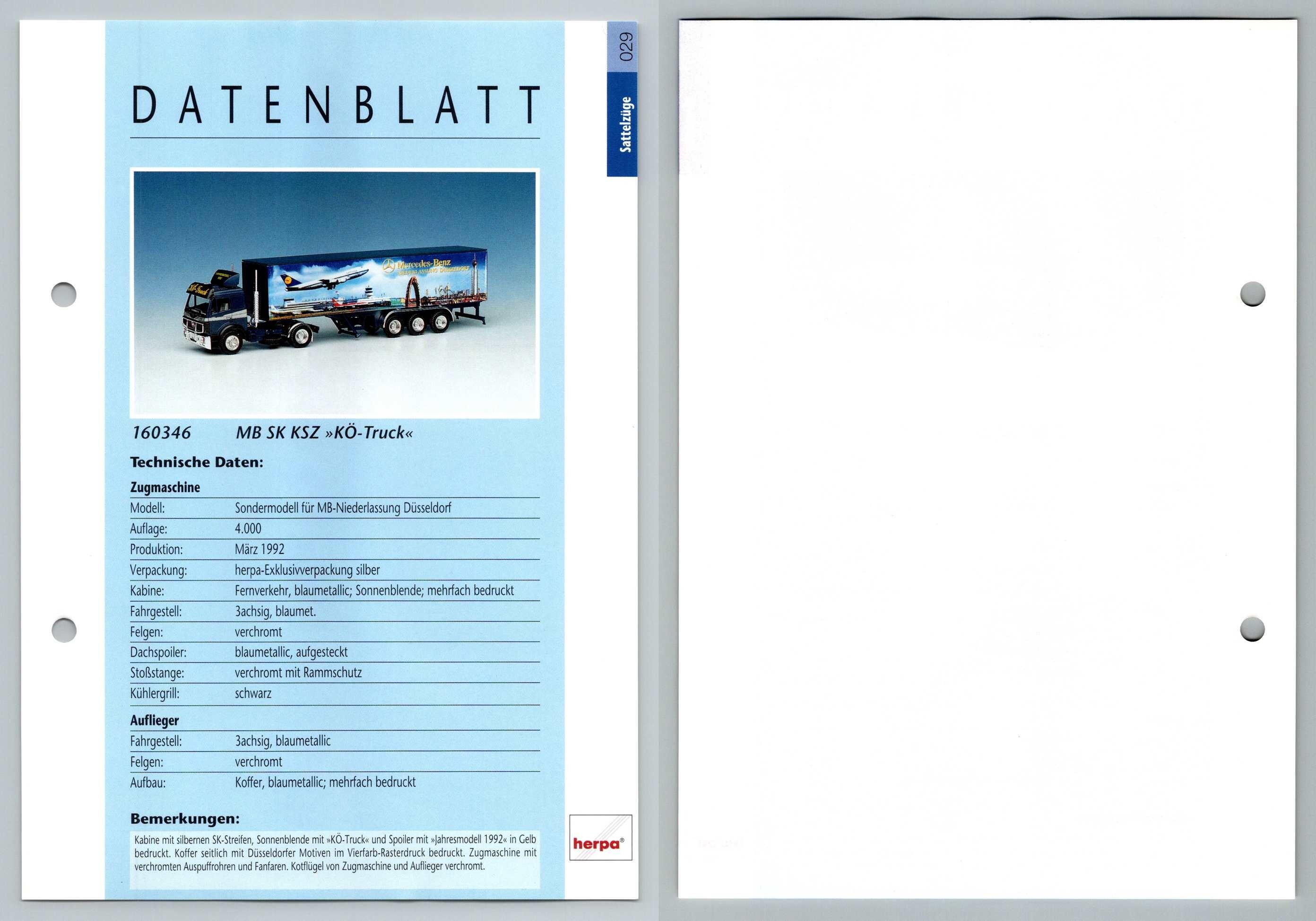 MB SK KSZ KO-Truck #29 Sattelzuge - Herpa Data Sheet-Breakoutcards