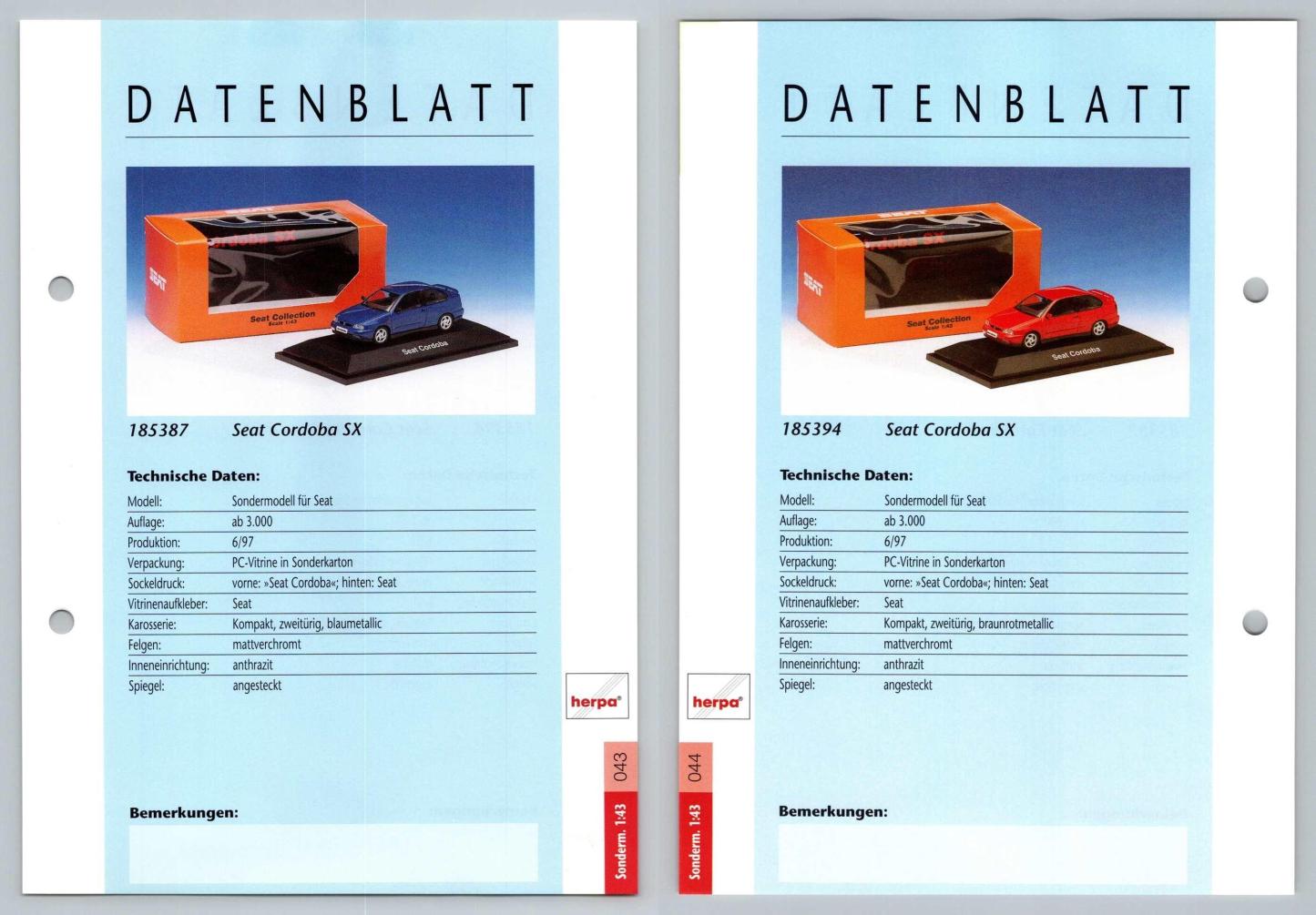 Seat Cordoba SX #43-44 Sonderm. 1:43 - Herpa Data Sheet-Breakoutcards