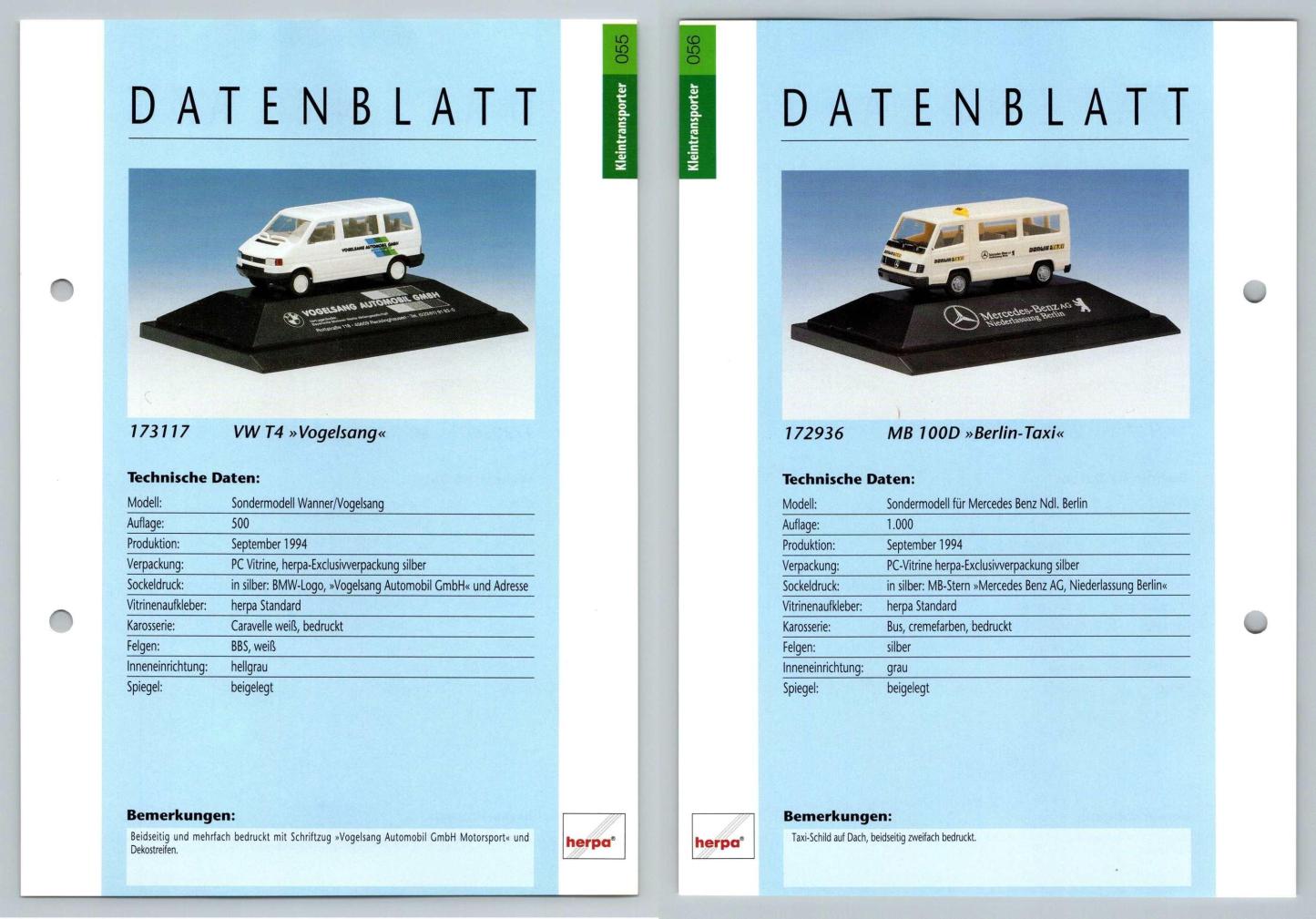 VW T4 / MB 100D Belin Taxi #55/56 Kleintransporter - Herpa Data Sheet-Breakoutcards