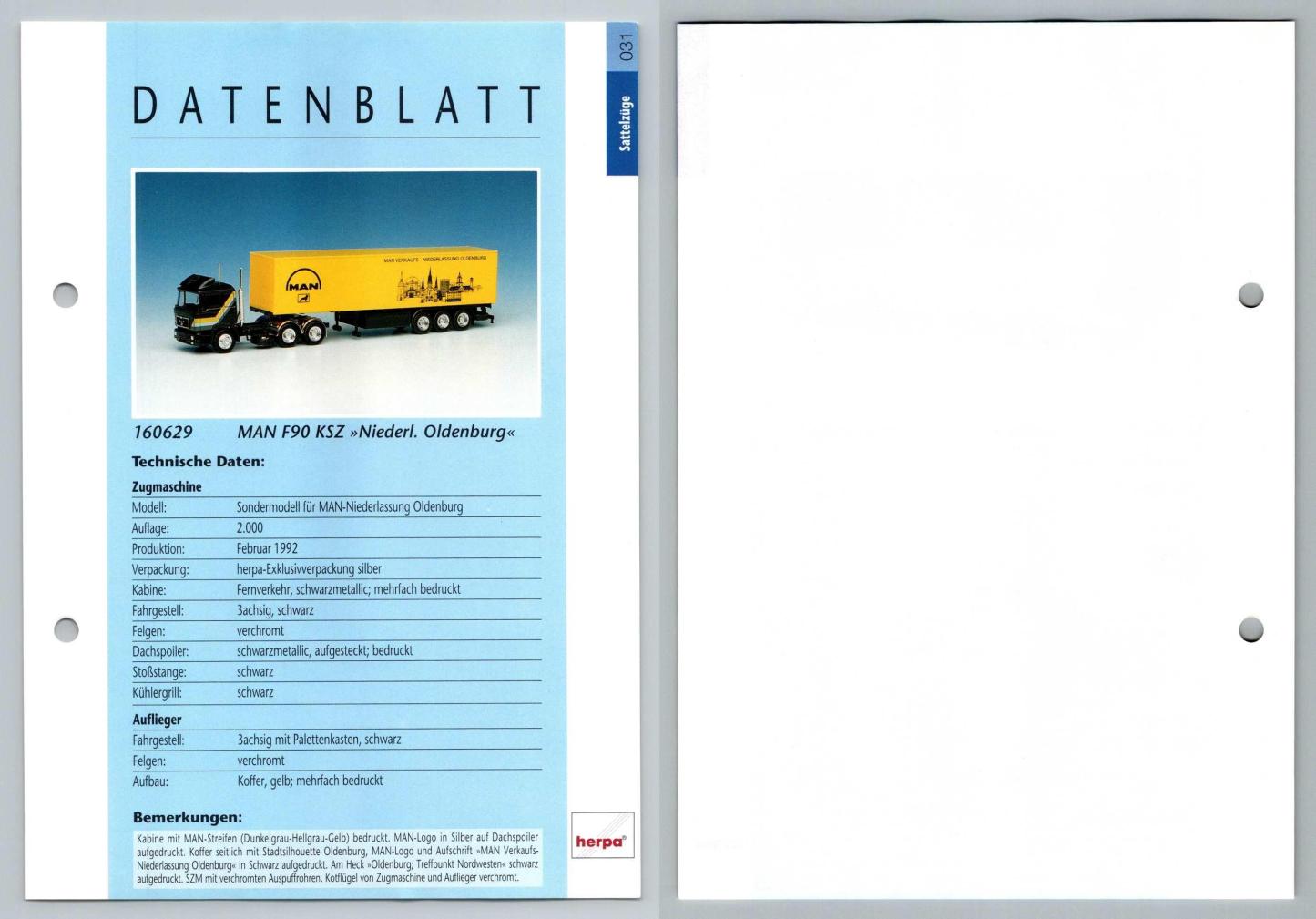 MAN F90 KSZ Niederl Oldenburg #31 Sattelzuge - Herpa Data Sheet-Breakoutcards