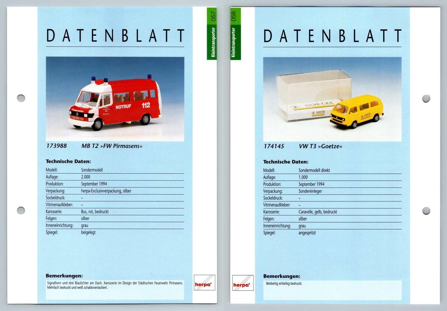 MB T2 / VW T3 Goetze #57/58 Kleintransporter - Herpa Data Sheet-Breakoutcards