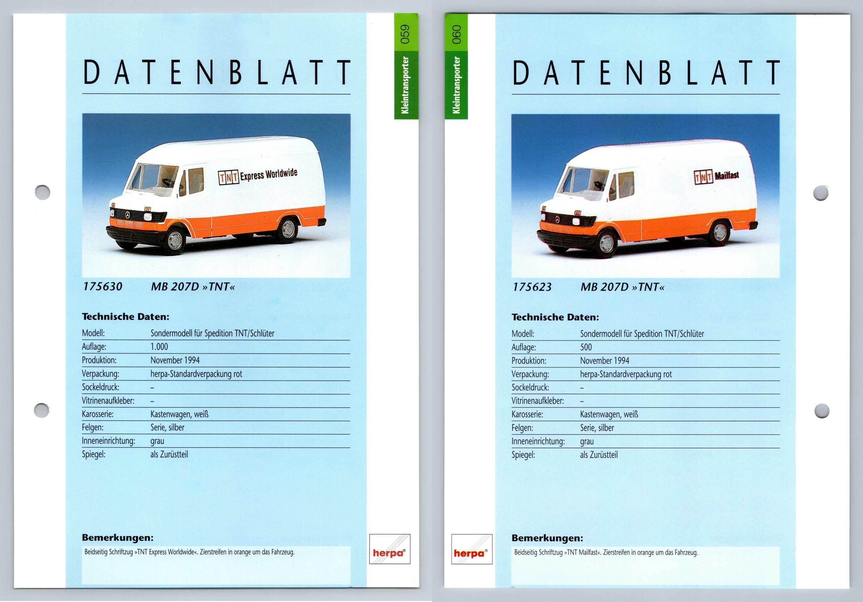MB 207D TNT #59/60 Kleintransporter - Herpa Data Sheet-Breakoutcards