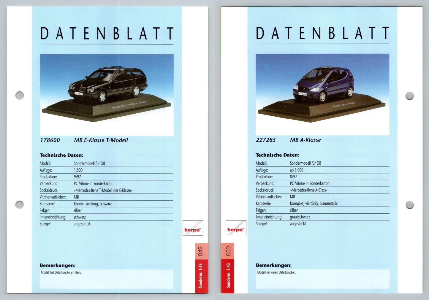 MB E-Klasse #49/50 Sonderm. 1:43 - Herpa Data Sheet-Breakoutcards