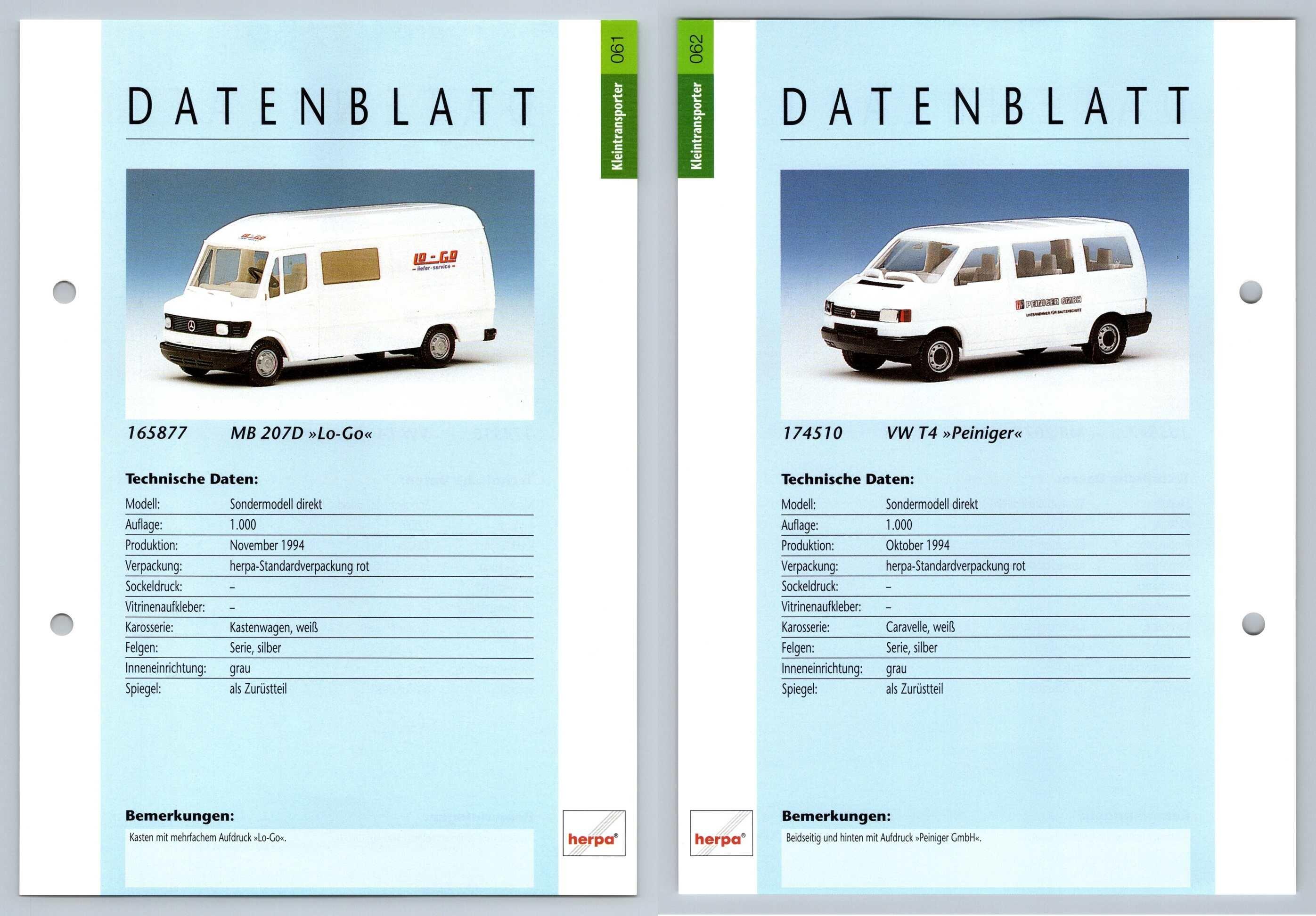 MB 207D Lo-go / VW T4 Peiniger #61/62 Kleintransporter - Herpa Data Sheet-Breakoutcards