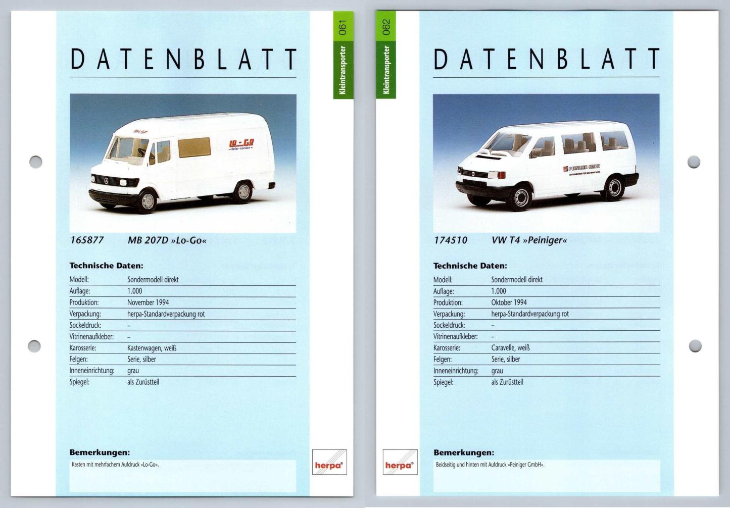 MB 207D Lo-go / VW T4 Peiniger #61/62 Kleintransporter - Herpa Data Sheet-Breakoutcards