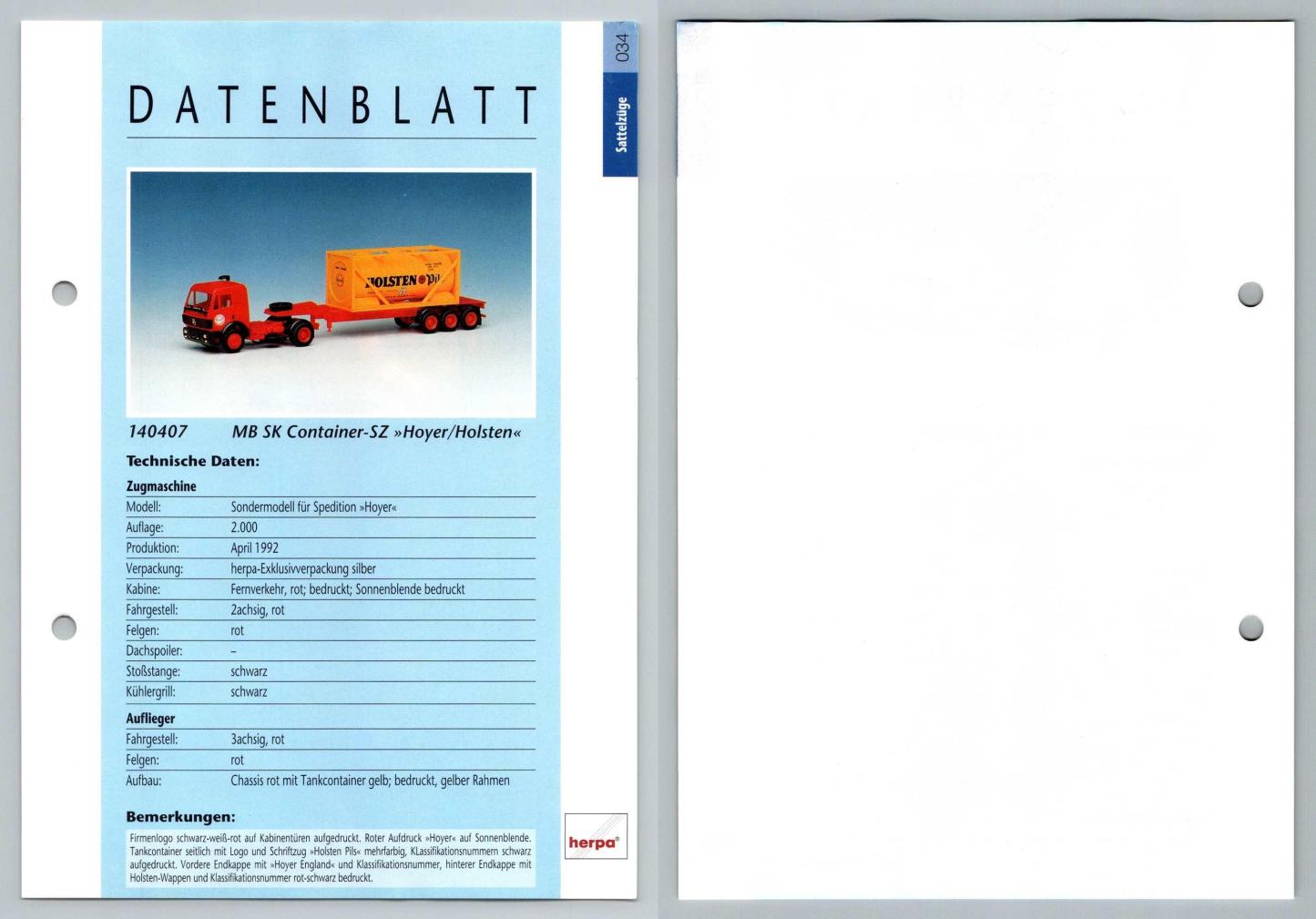 MB SK Container SZ Holsten #34 Sattelzuge - Herpa Data Sheet-Breakoutcards