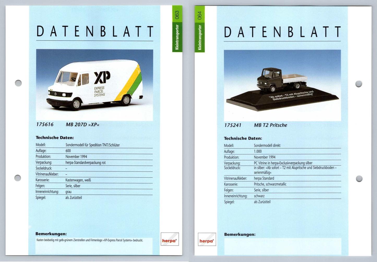 MB 207D XP / MB T2 Pritsche #63/64 Kleintransporter - Herpa Data Sheet-Breakoutcards