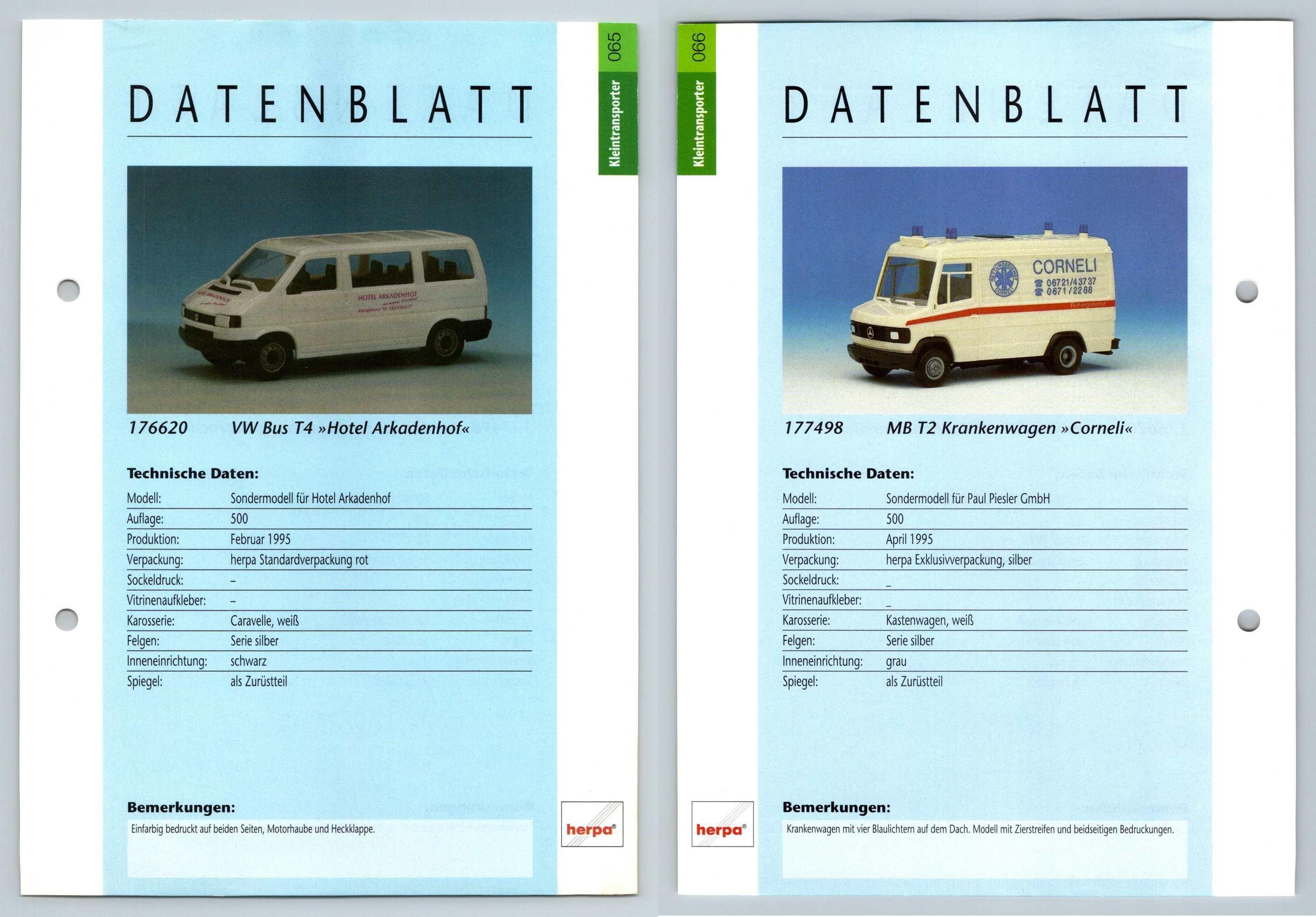 VW Bus T4 / MB T2 Krankenwagen #65/66 Kleintransporter - Herpa Data Sheet-Breakoutcards