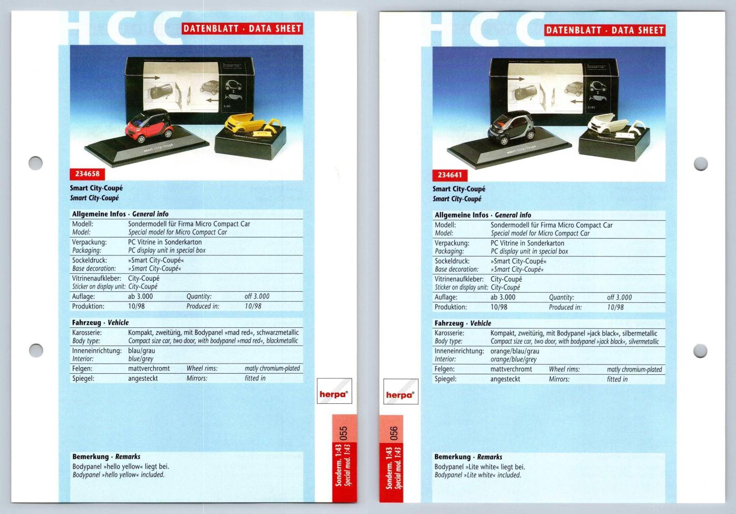 Smart City Coupe #55/56 Sonderm. 1:43 - Herpa Data Sheet-Breakoutcards