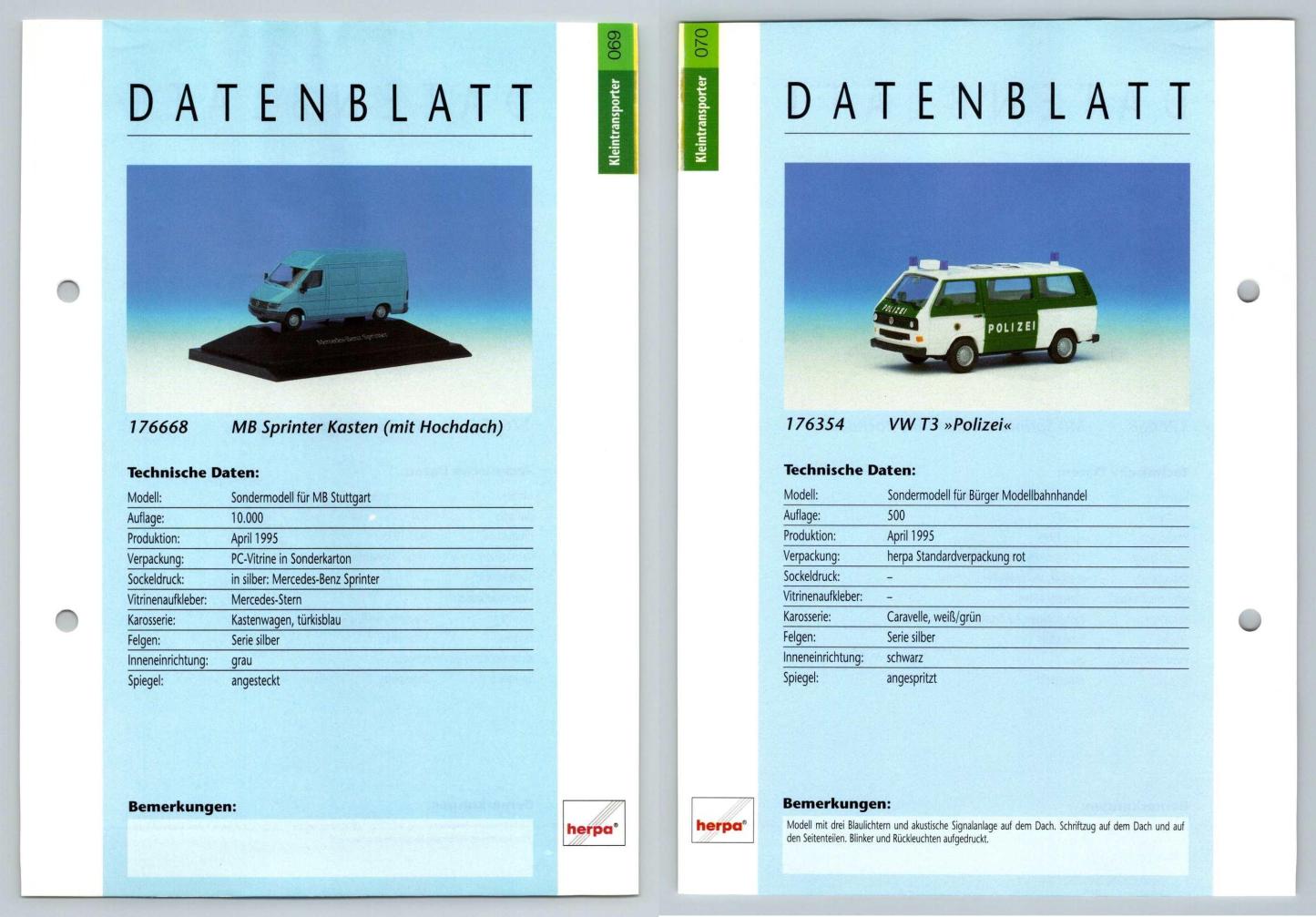 MB Sprinter Kasten / VW T3 Polizei #69/70 Kleintransporter - Herpa Data Sheet-Breakoutcards