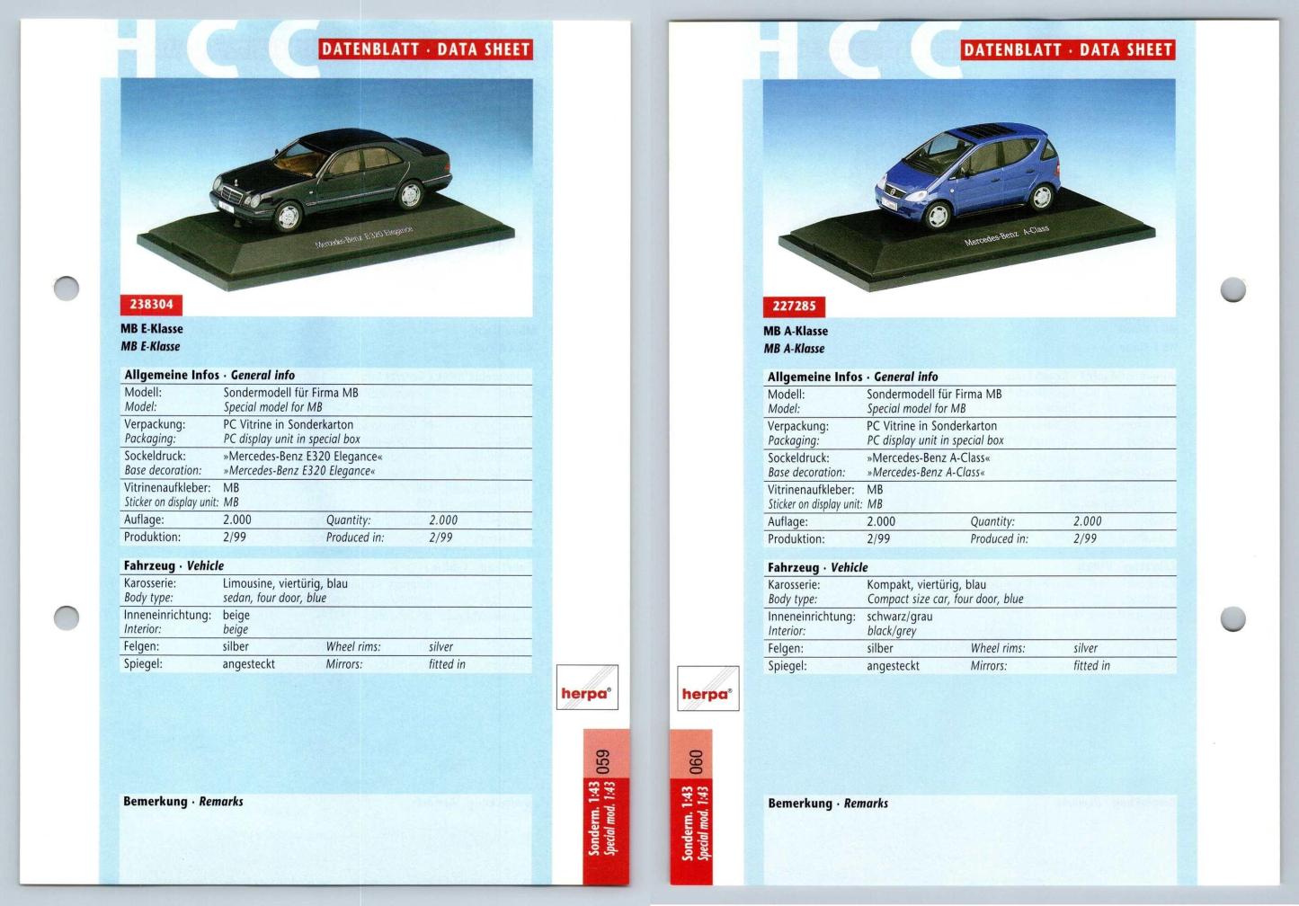 MB E-Klasse / A-Klasse #59/60 Sonderm. 1:43 - Herpa Data Sheet-Breakoutcards