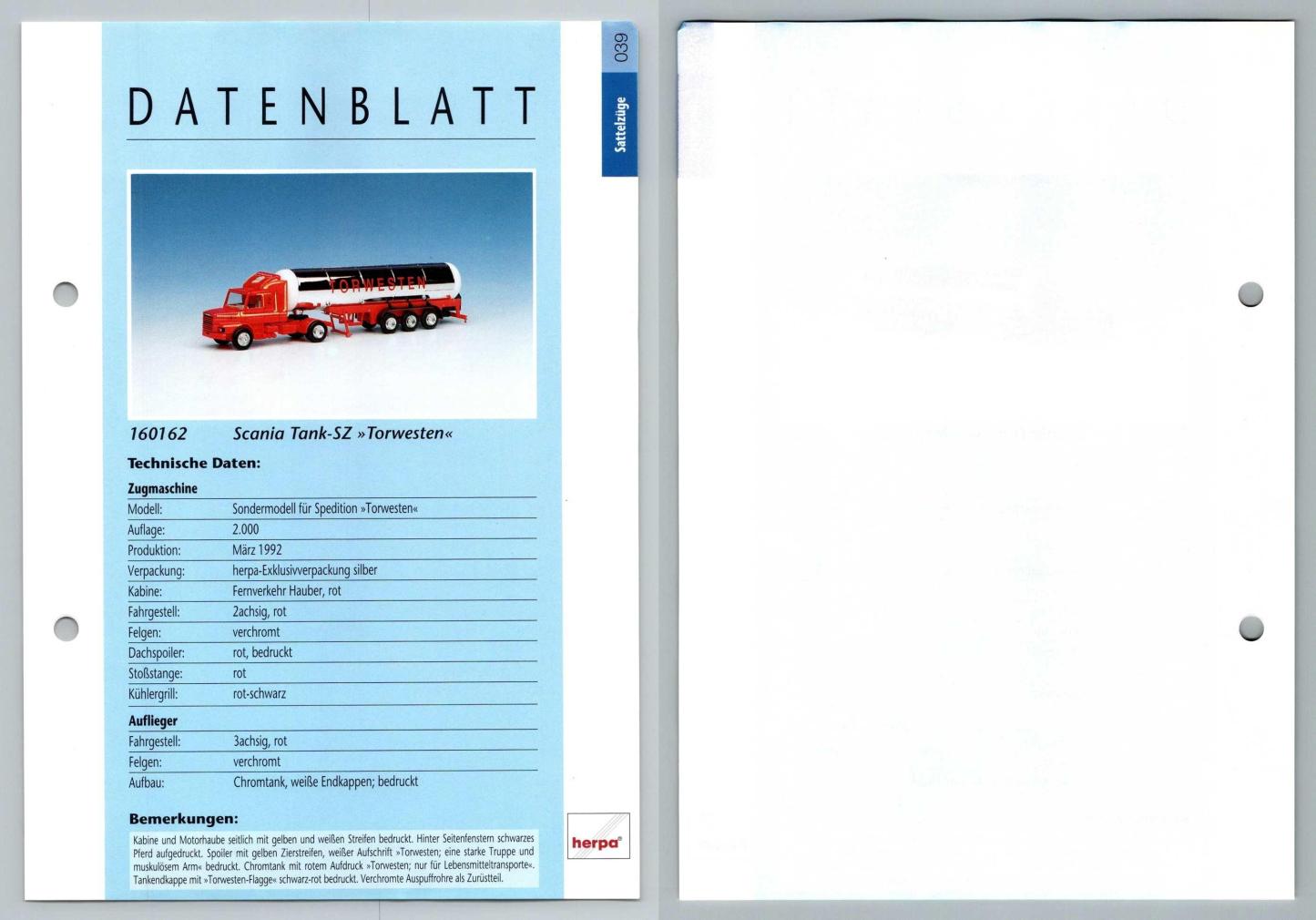 Scania Tank SZ Torwesten #39 Sattelzuge - Herpa Data Sheet-Breakoutcards