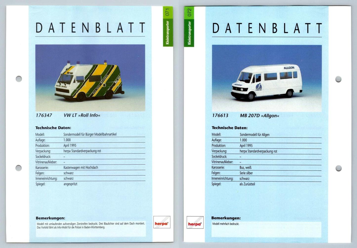 VW LT Roll Info / MB 207D Allgon #71/72 Kleintransporter - Herpa Data Sheet-Breakoutcards