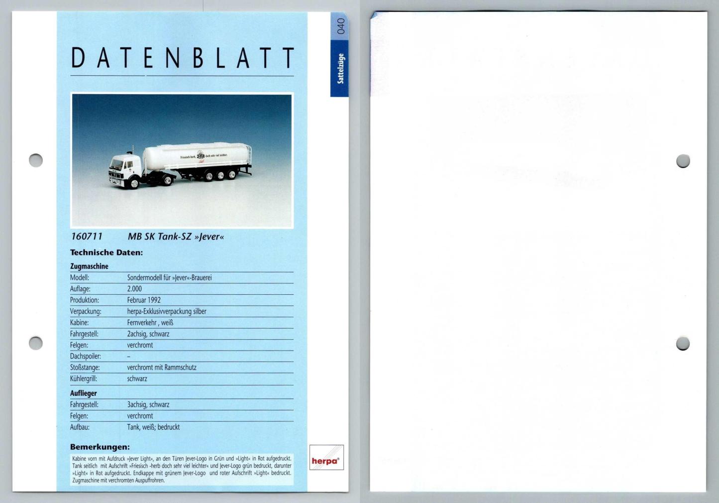 MB SK Tank SZ Jever #40 Sattelzuge - Herpa Data Sheet-Breakoutcards