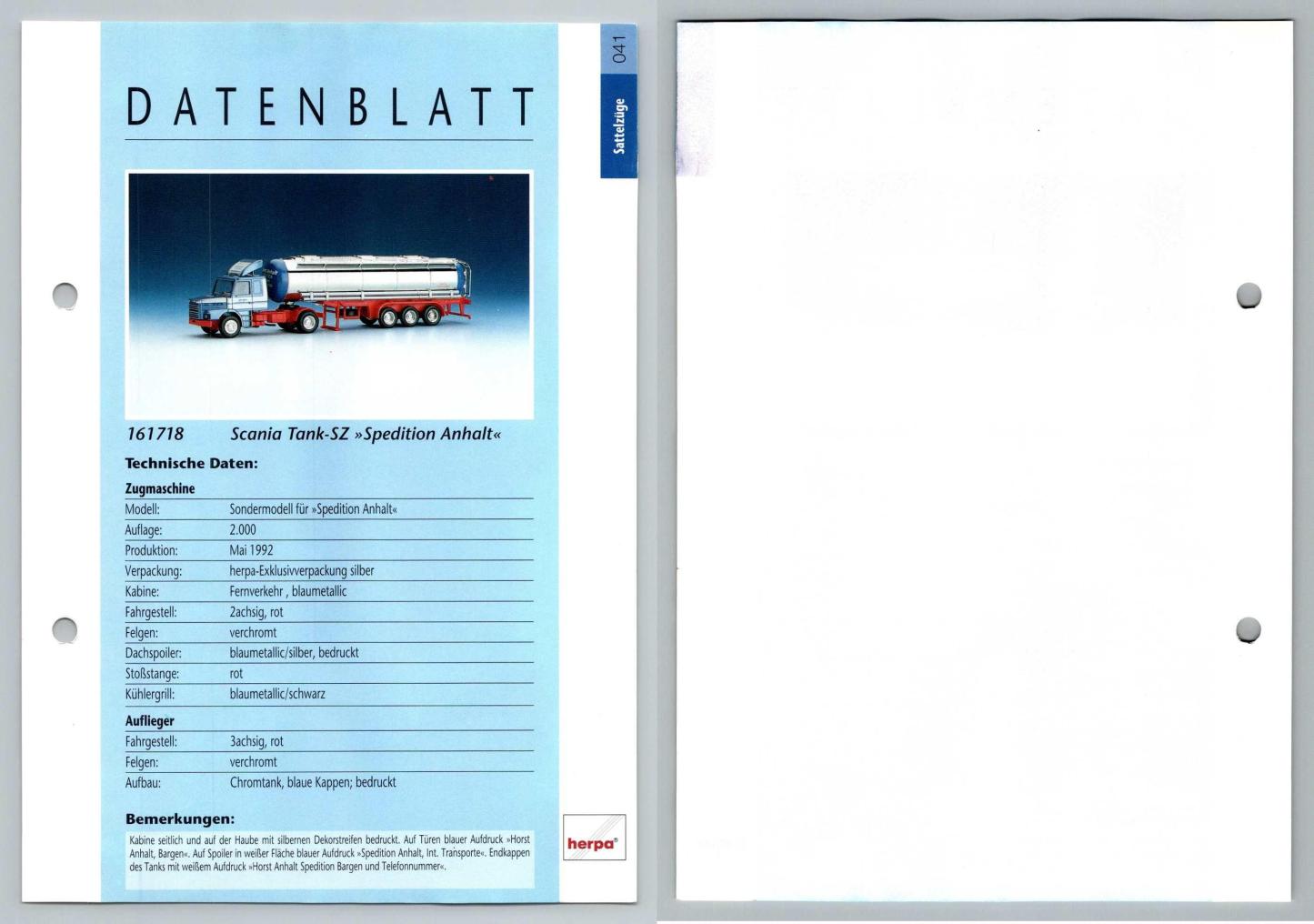 Scania Tank SZ Spedition Anhalt #41 Sattelzuge - Herpa Data Sheet-Breakoutcards