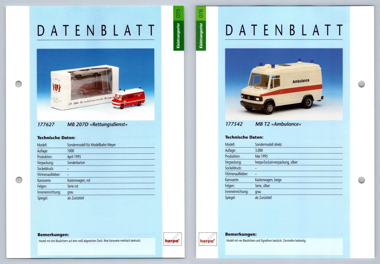 MB 207D / MB T2 Ambulance #75/76 Kleintransporter - Herpa Data Sheet-Breakoutcards