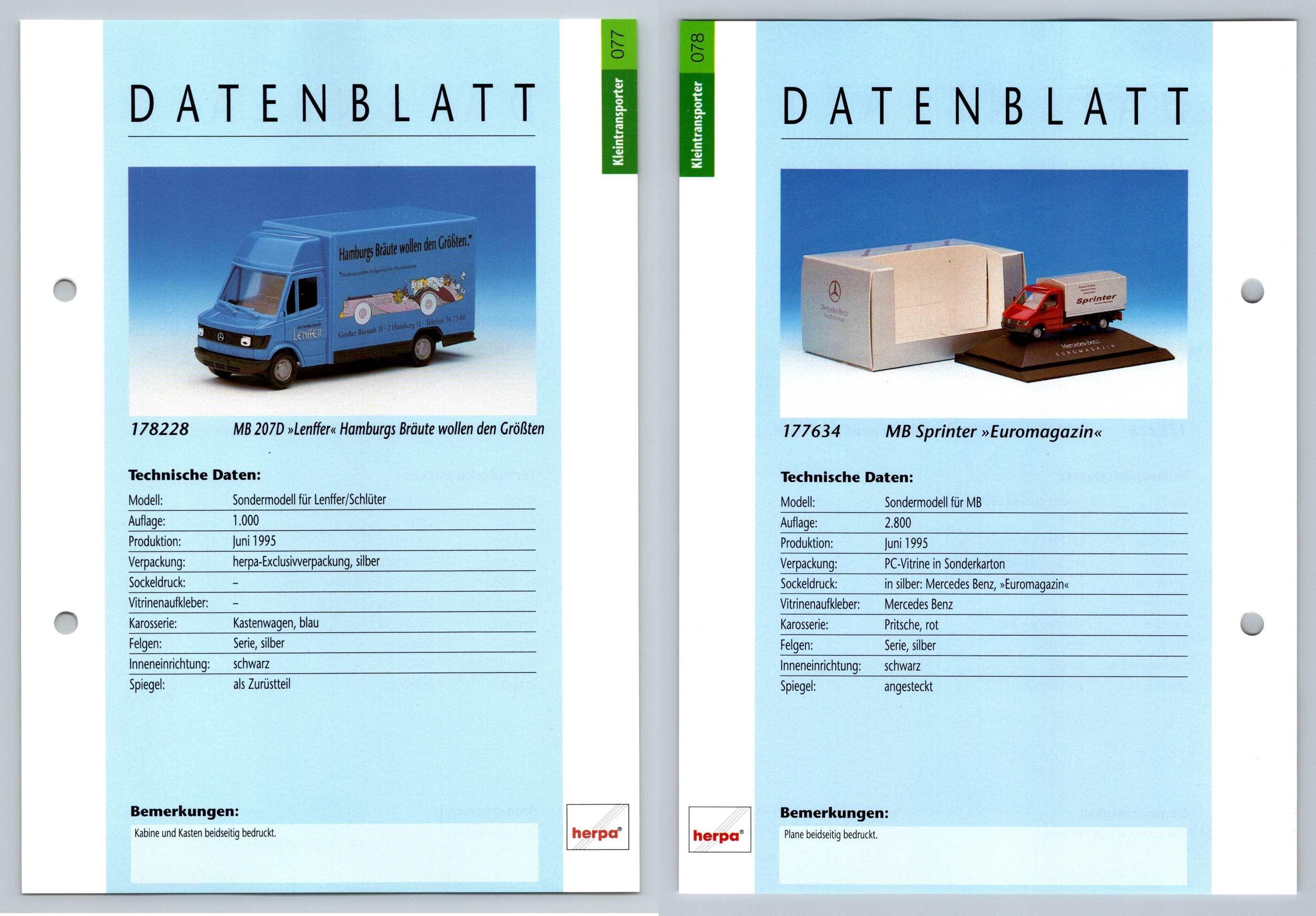 MB 207D / MB Sprinter #77/78 Kleintransporter - Herpa Data Sheet-Breakoutcards