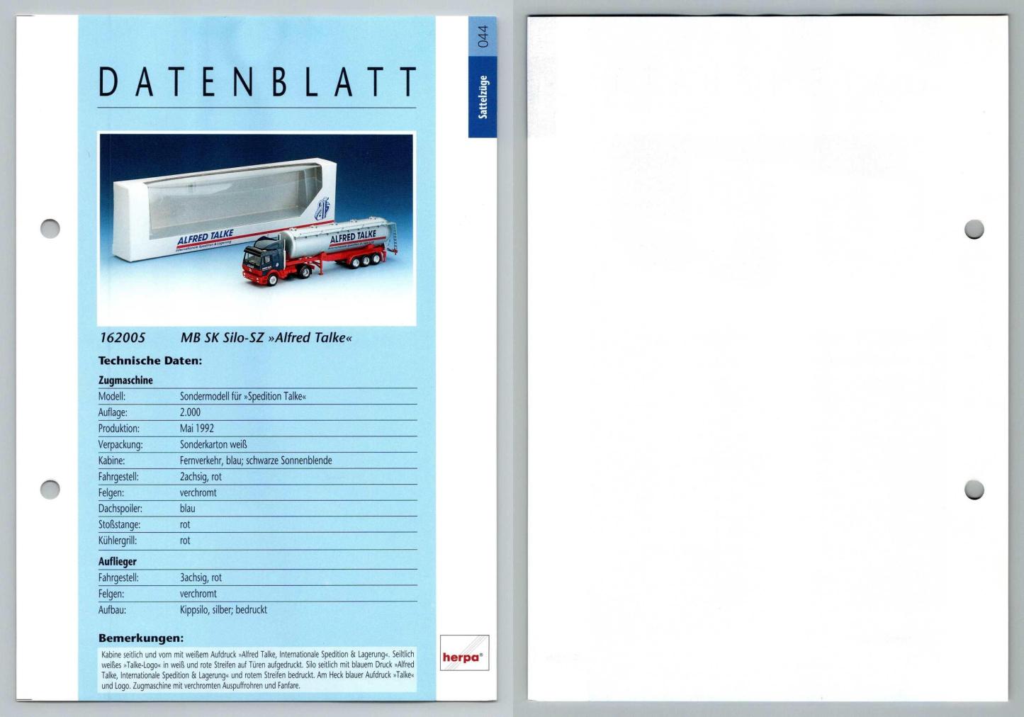 MB SK Silo SZ Alfred Talke #44 Sattelzuge - Herpa Data Sheet-Breakoutcards