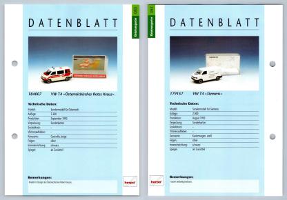VW T4  / Siemens #83/84 Kleintransporter - Herpa Data Sheet-Breakoutcards