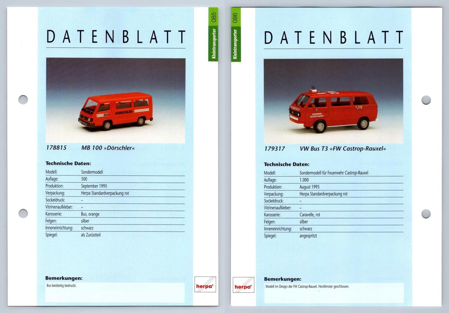 MB 100 Dorschler / VW Bus T3 #85/86 Kleintransporter - Herpa Data Sheet-Breakoutcards
