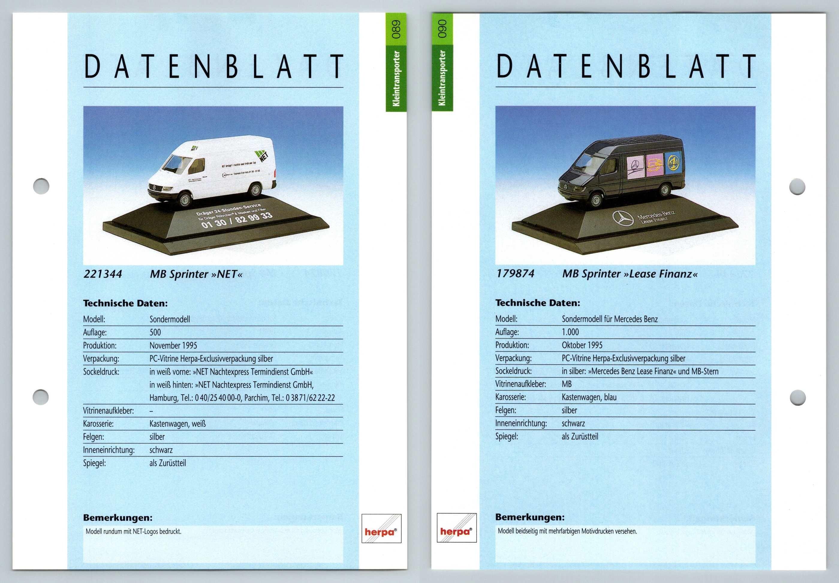MB Sprinter Net / Lease Finanz #89/90 Kleintransporter - Herpa Data Sheet-Breakoutcards