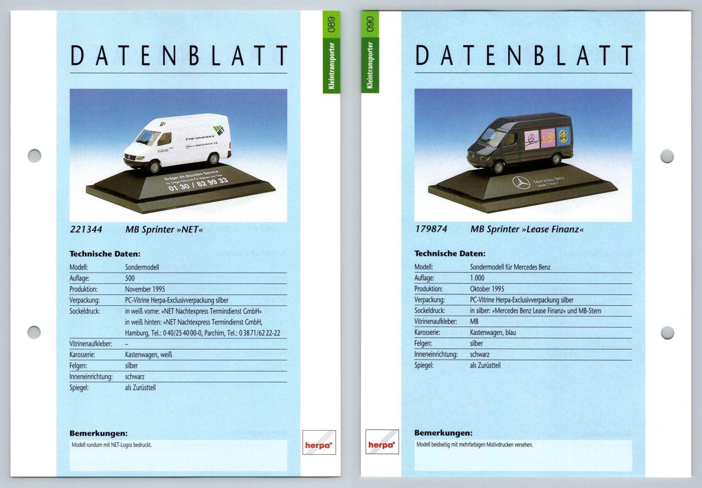 MB Sprinter Net / Lease Finanz #89/90 Kleintransporter - Herpa Data Sheet-Breakoutcards