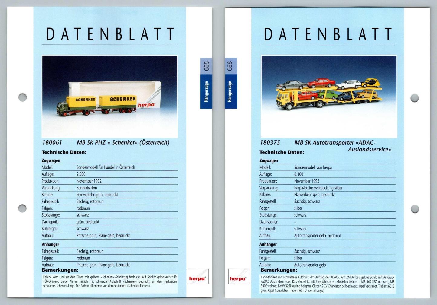 MB SK PHZ / MB SK Autotransporter #55/6 Hangerzuge - Herpa Data Sheet-Breakoutcards