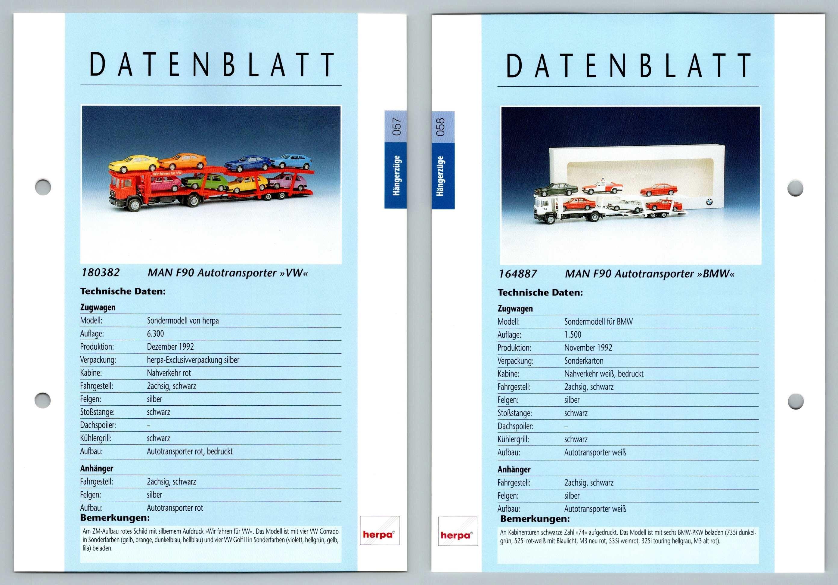 MAN F90 Autotransporter VW / BMW #57/8 Hangerzuge - Herpa Data Sheet-Breakoutcards