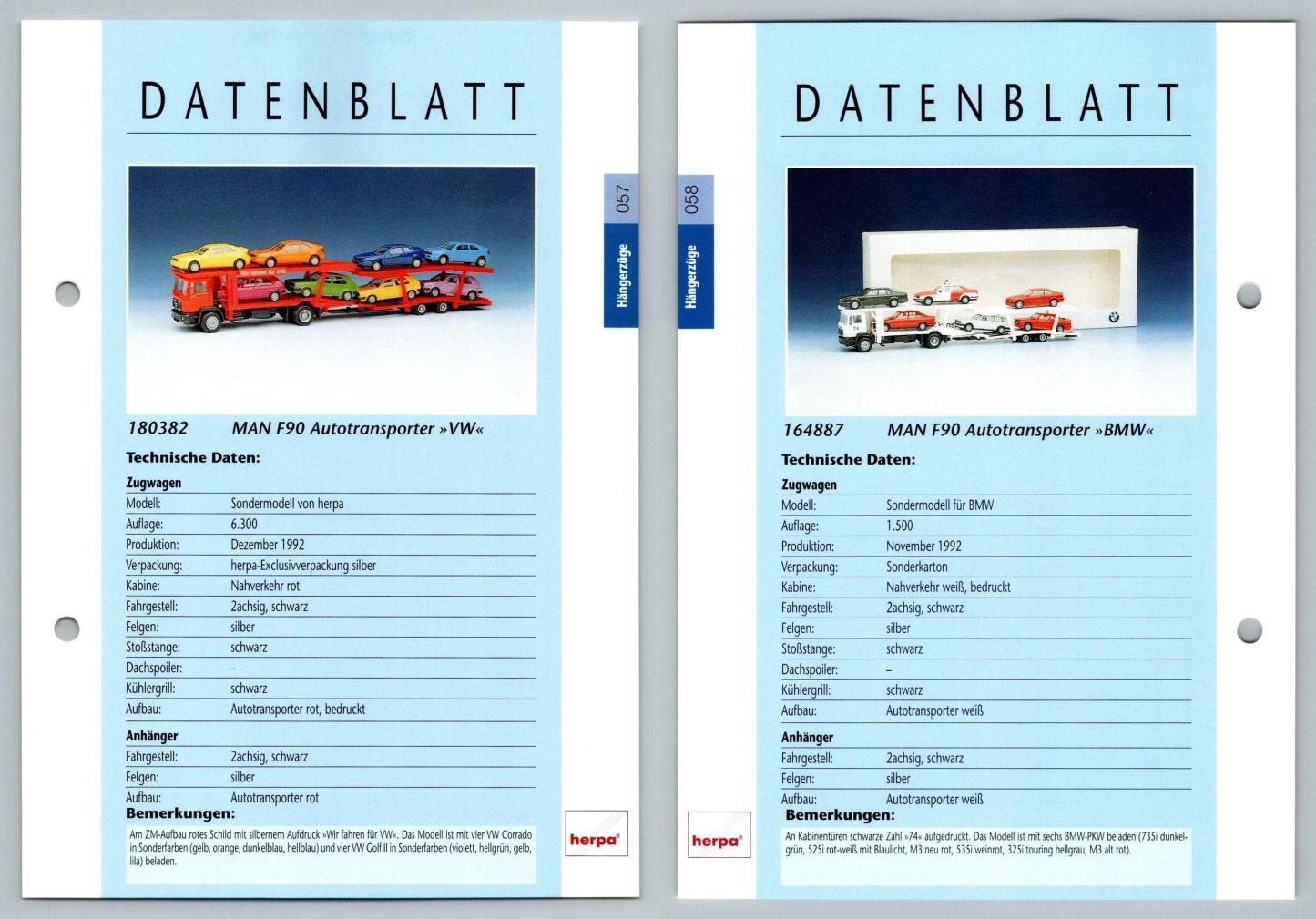 MAN F90 Autotransporter VW / BMW #57/8 Hangerzuge - Herpa Data Sheet-Breakoutcards