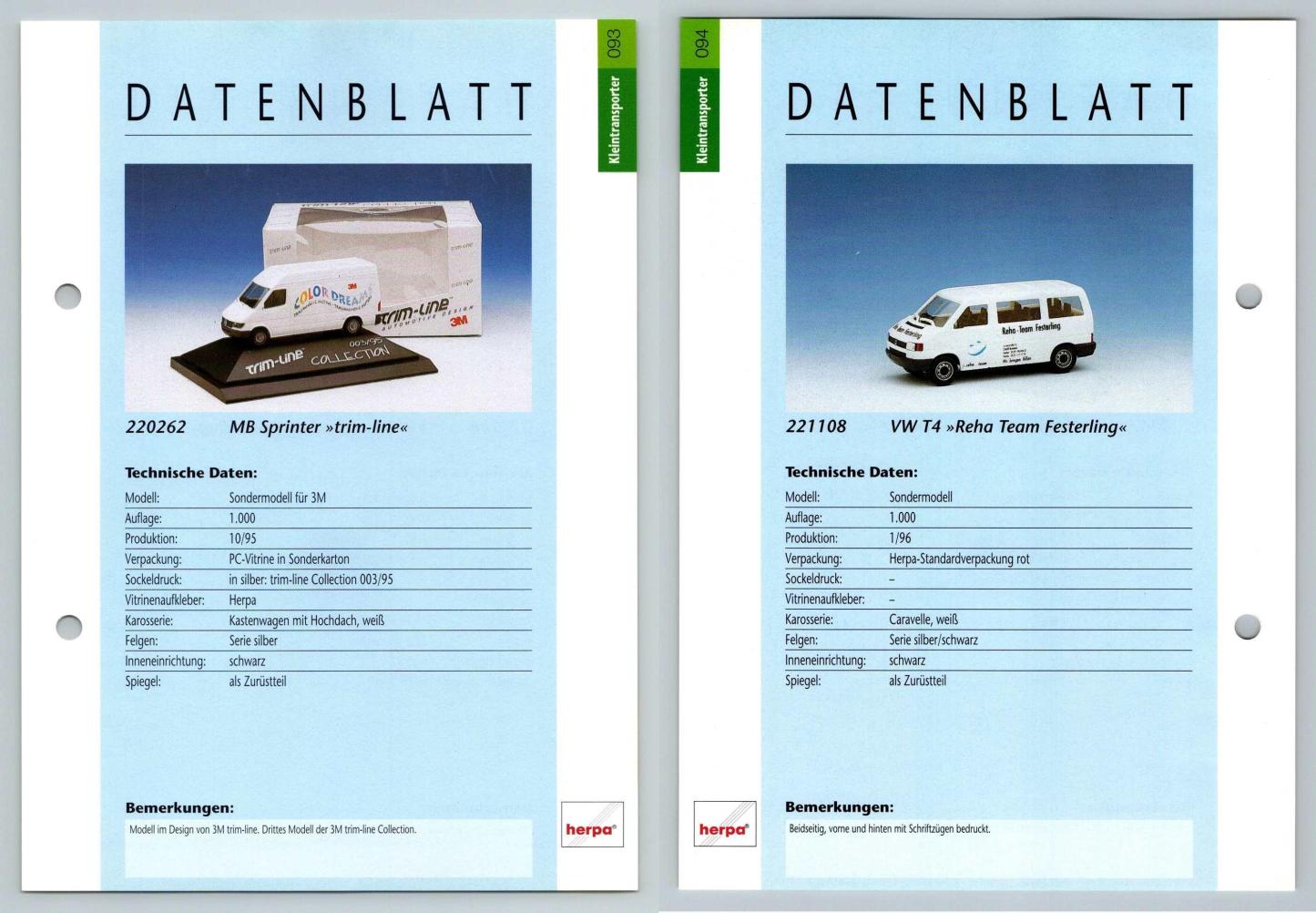 MB Sprinter / VW T4 Reha Team #93/94 Kleintransporter - Herpa Data Sheet-Breakoutcards