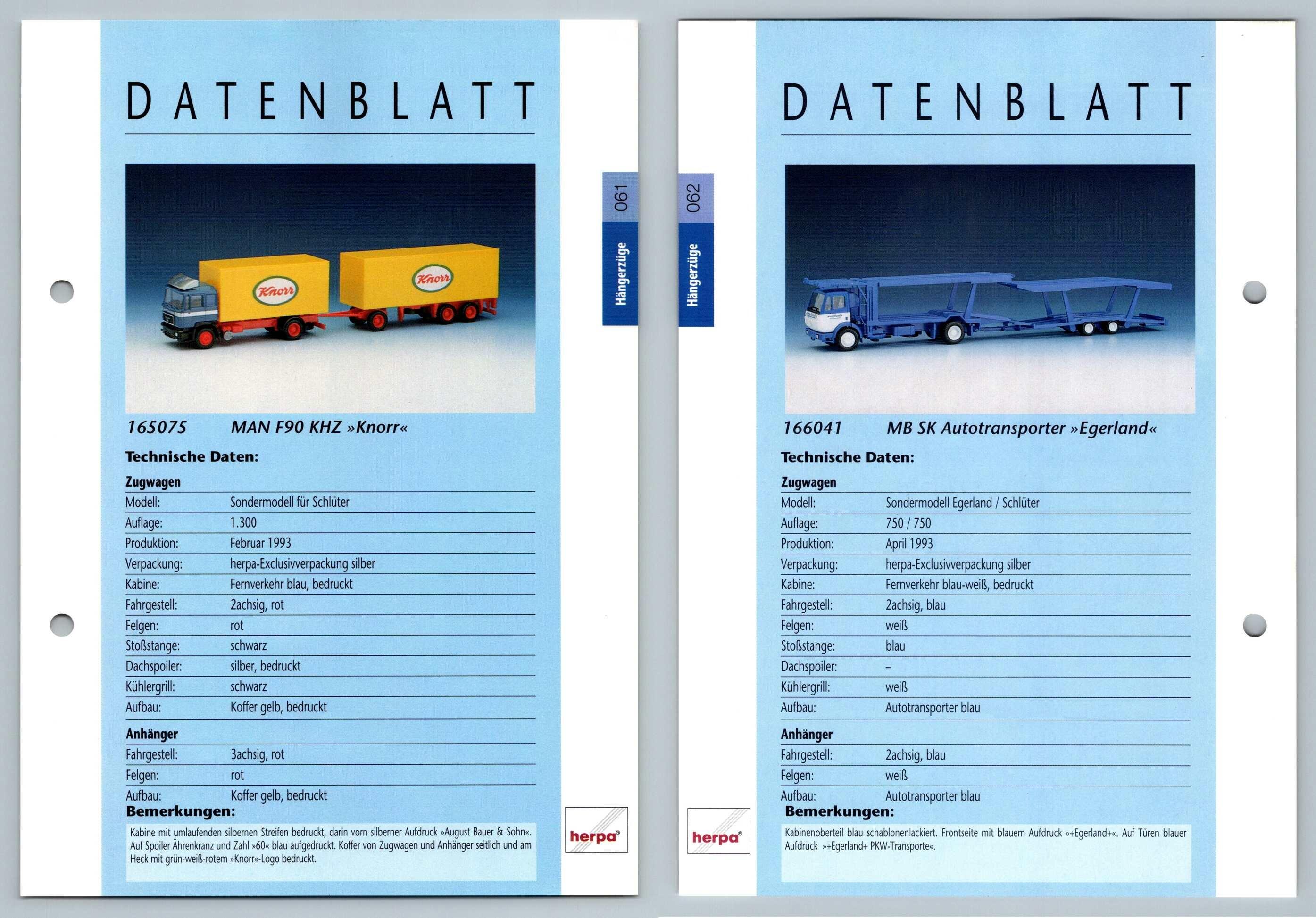 MAN F90 KHZ / MB SK Autotransporter #61/2 Hangerzuge - Herpa Data Sheet-Breakoutcards