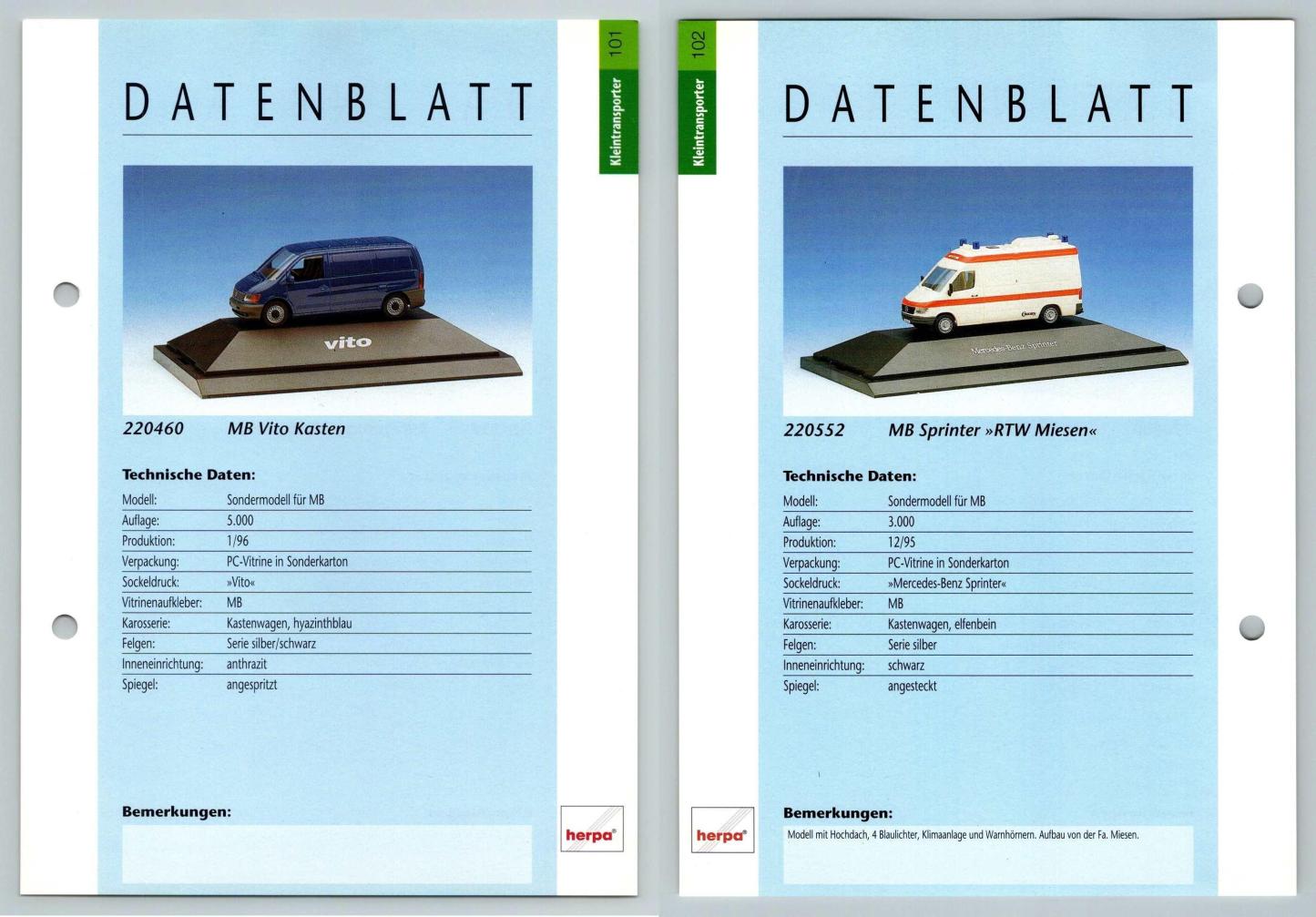 MB Vito Kasten / MB Sprinter #101/102 Kleintransporter - Herpa Data Sheet-Breakoutcards