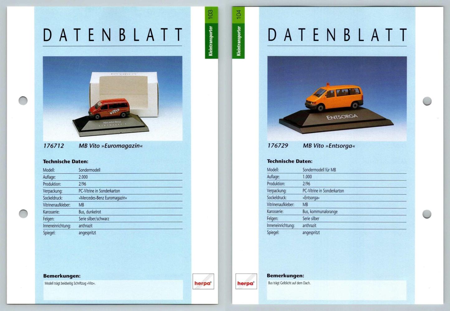 MB Vito Euromagazin / Entsorga #103/104 Kleintransporter - Herpa Data Sheet-Breakoutcards
