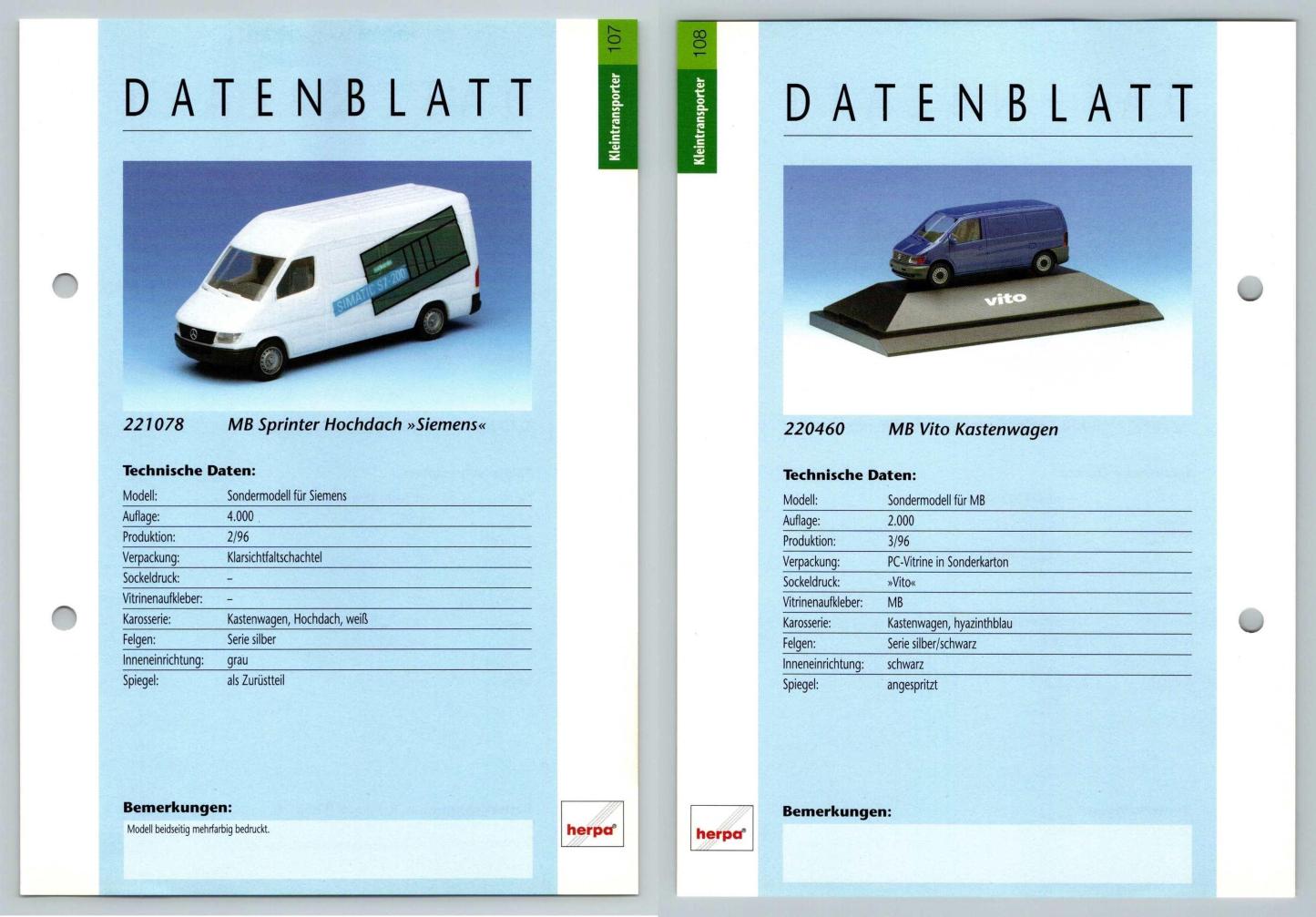 MB Sprinter Hochdach / Vito Kastenwagen #107/108 Kleintransporter - Herpa Data Sheet-Breakoutcards