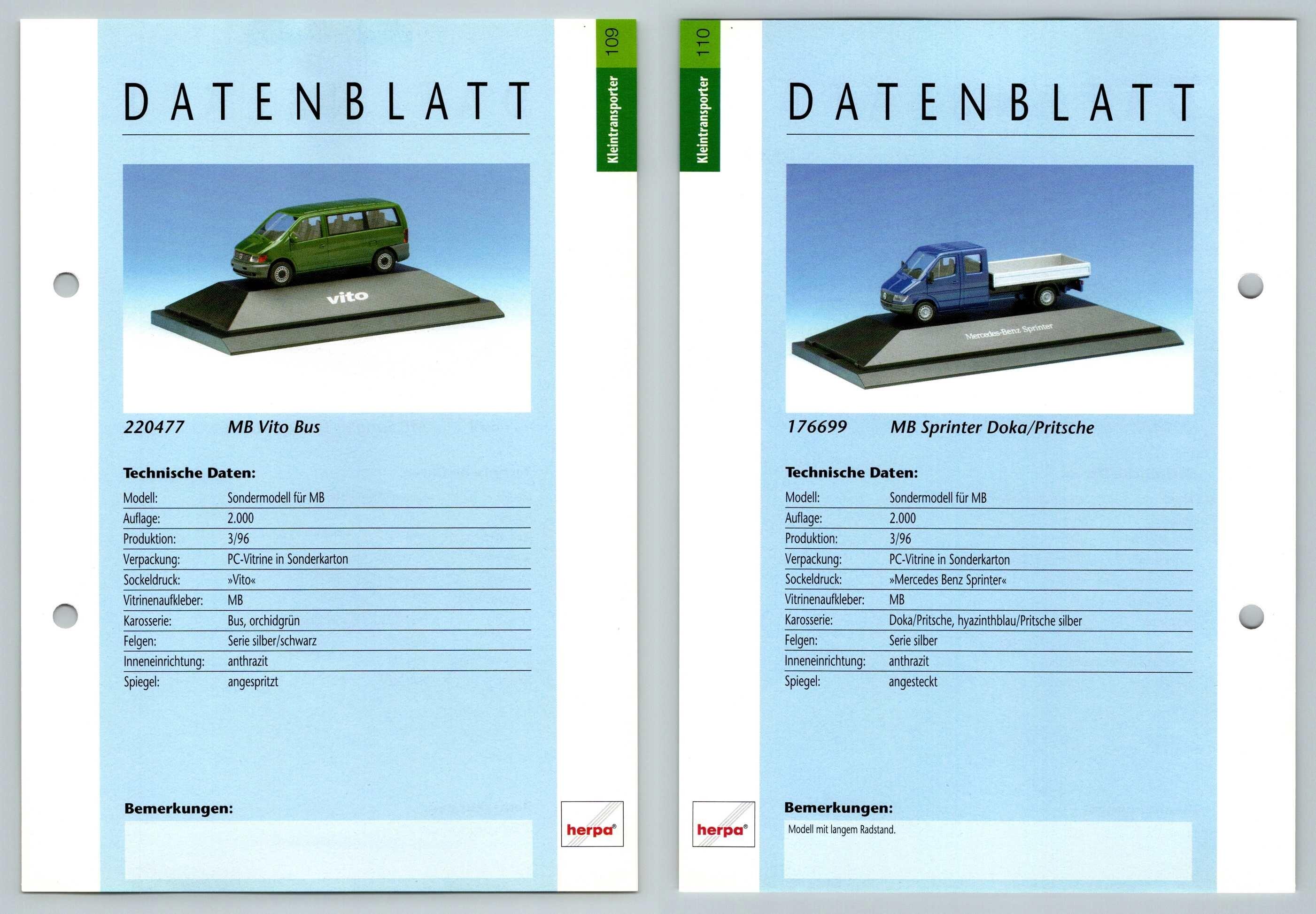 MB Vito Bus / Sprinter Doka #109/110 Kleintransporter - Herpa Data Sheet-Breakoutcards