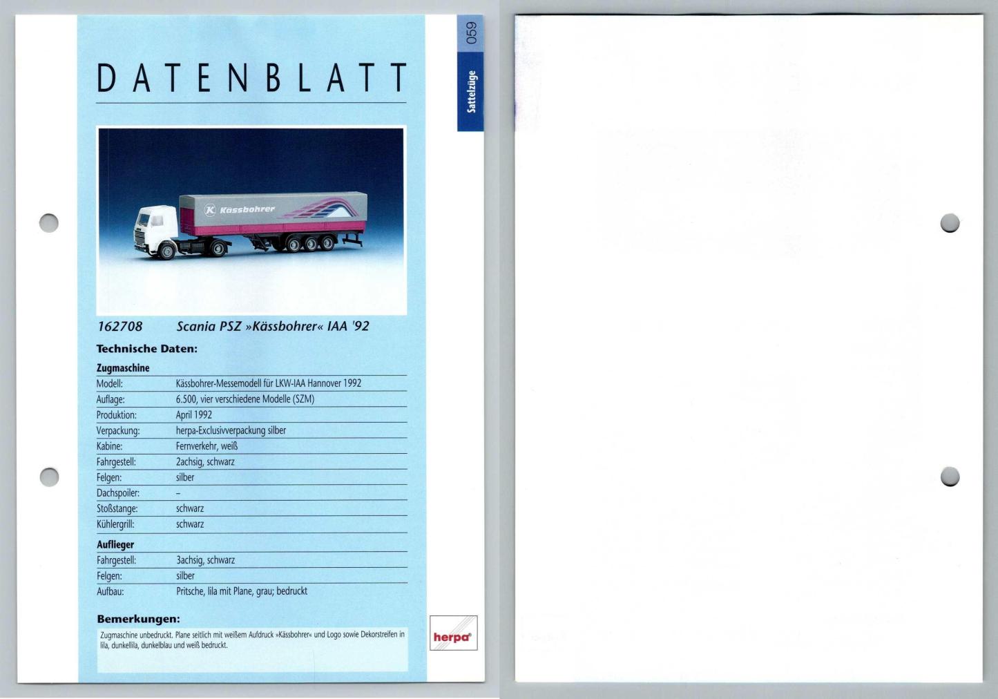 Scania PSZ Kassbohrer #59 Sattelzuge - Herpa Data Sheet-Breakoutcards