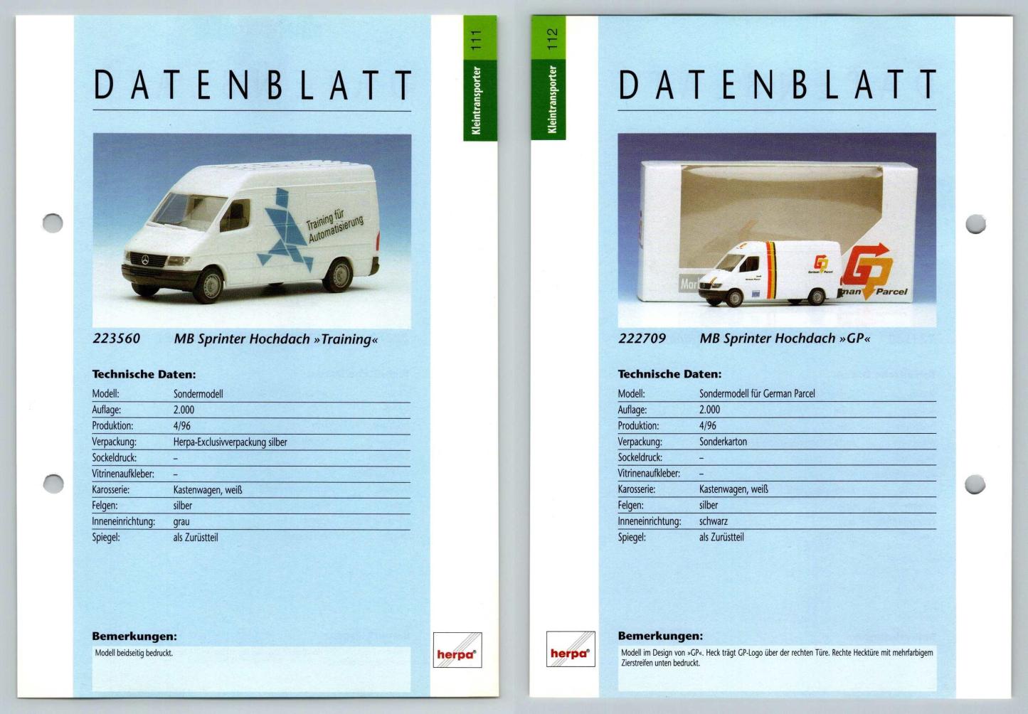 MB Sprinter Hochdach Training / GP #111/112 Kleintransporter - Herpa Data Sheet-Breakoutcards